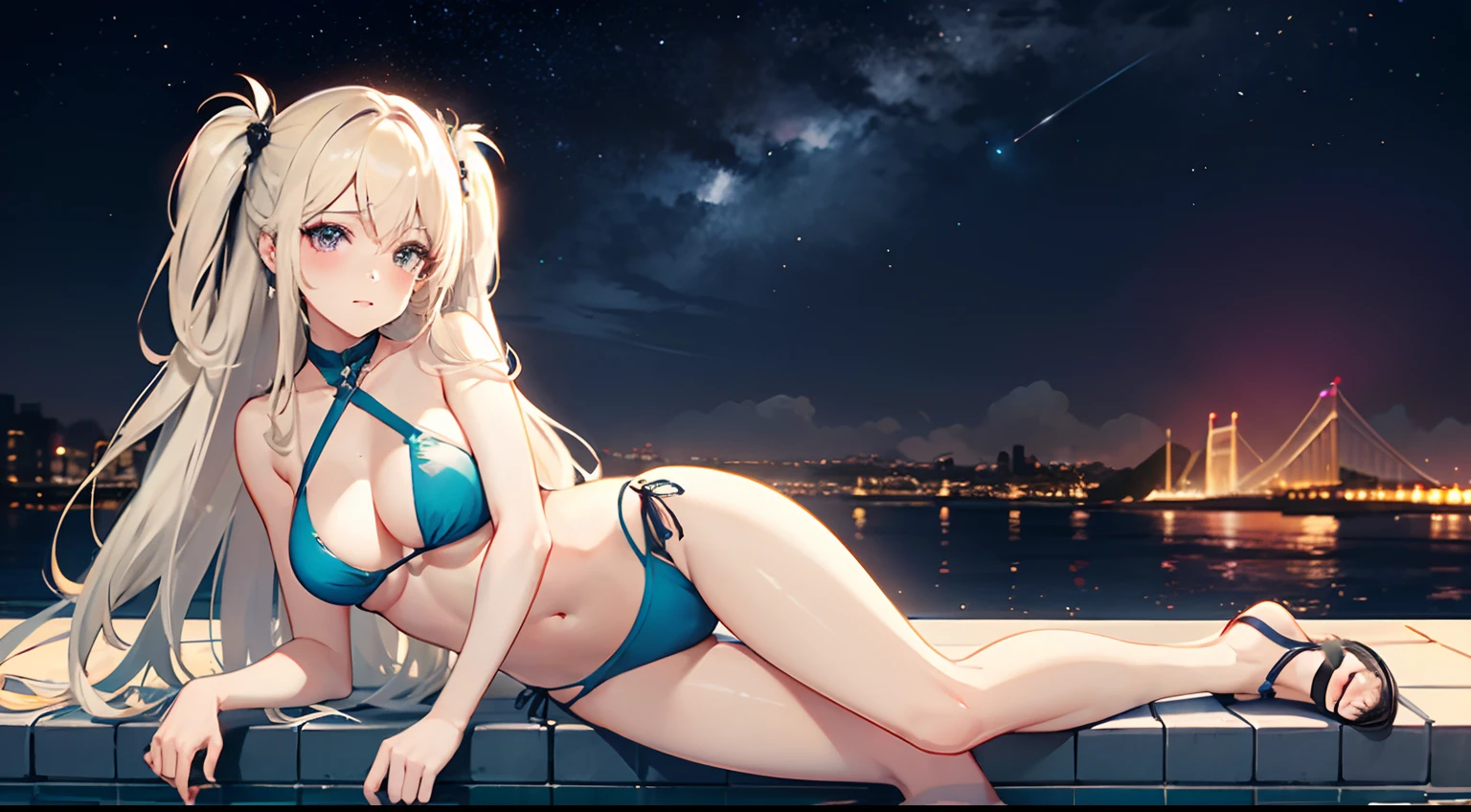 ((Best Quality)), (Ultra-detailed), ((Extremely detailed)), (Beautiful), ((Kawaii Girl)),(two side up hair).,Platinum Blonde Hair,Long hair, hair between eye, Wavy Hair, Long sideburns,Jade-colored eyes, White skin,Normal Chest,Slender body,Cross Halter Bikini,Sandals,background a pool, Night, Night view of New Tokyo City, Starry sky, Neon light,,Look Camera
