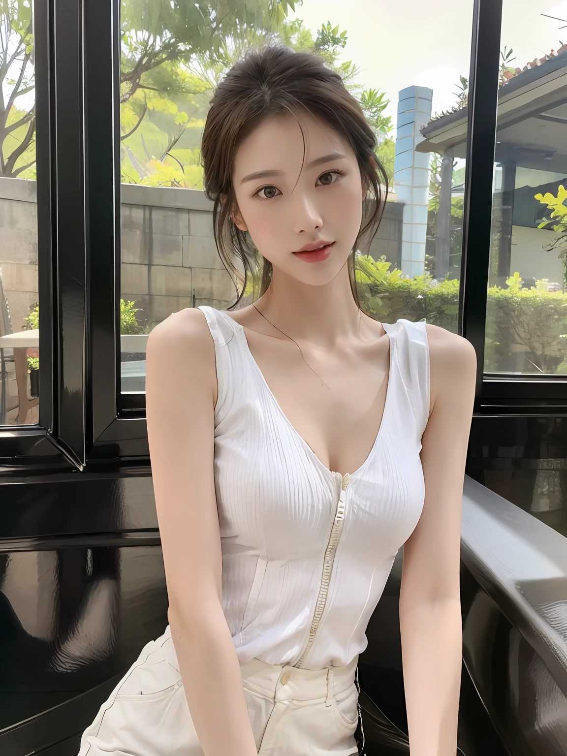 1girl,((best quality )), (masterpiece) , (realistic shadow) , ( depth of field),(sunny city background ),(highlight face detail), unparalleled masterpiece, ultra realistic 8k , perfect artwork,((perfect female figure)),mature female, milf, narrow waist, small breasts, black hair,hair pulled back, detailed skin, looking at viewer, perfect face,perfect body,photorealistic , masterpiece, 8k, high res,lens flare, soft lighting shoulder cutout,microskirt, full body,