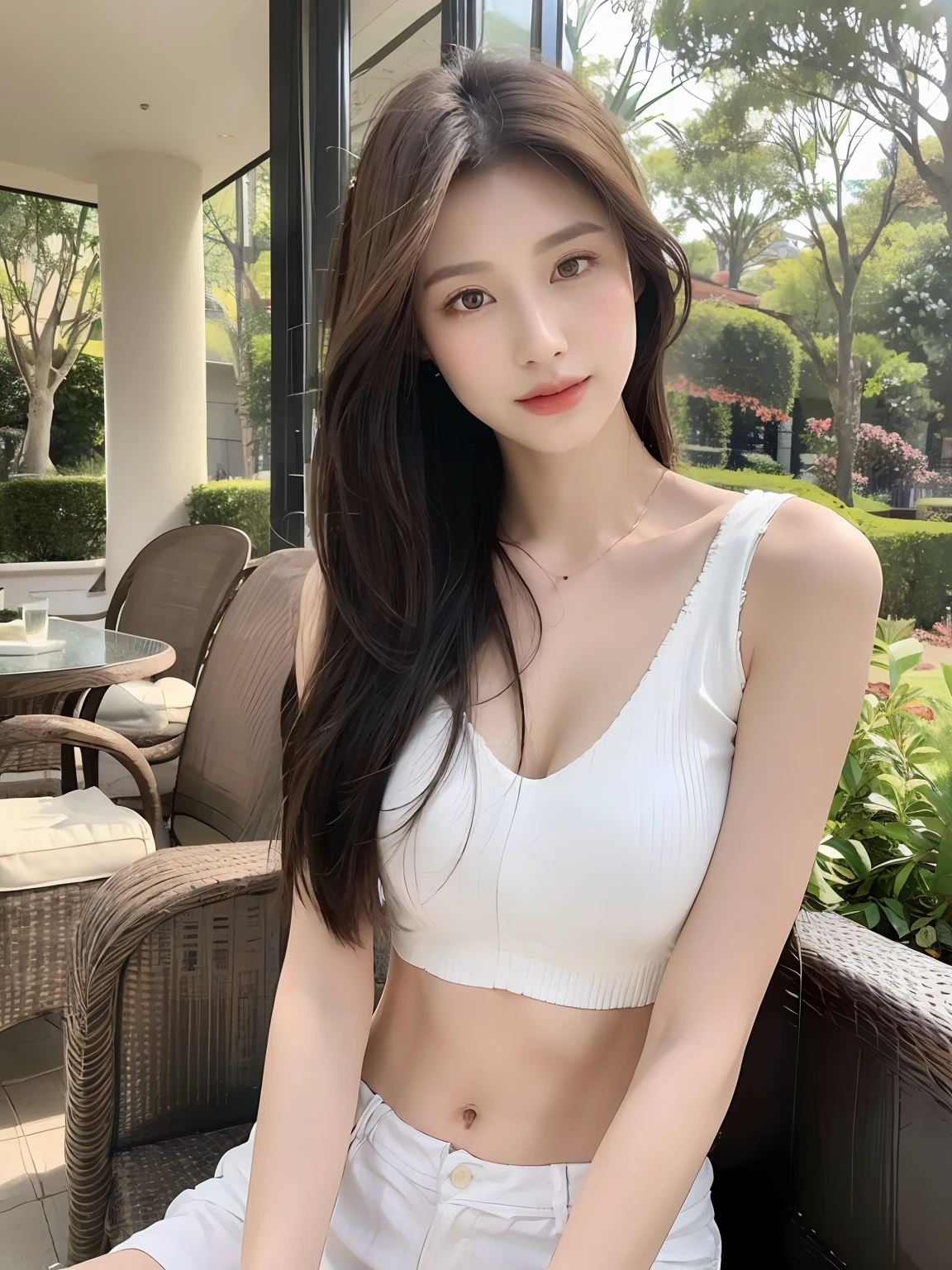 1girl,((best qualtiy)), (tmasterpiece) , (realistic shaded) , (depth of fields),(sunny city background),(Highlight face detail), Unbeatable masterpiece, ultra-realistic 8k , Perfect artwork,((perfect female shape)), a mature female, a narrow waist, little breast, brunette color hair, hair pulled back, Detailed skins, looking at viewert, s the perfect face, Perfect body, Photorealsitic , tmasterpiece, 8k, A high resolution,lens flare glow, Softly illuminated shoulder cutouts,is wearing a shorts,full bodyesbian,