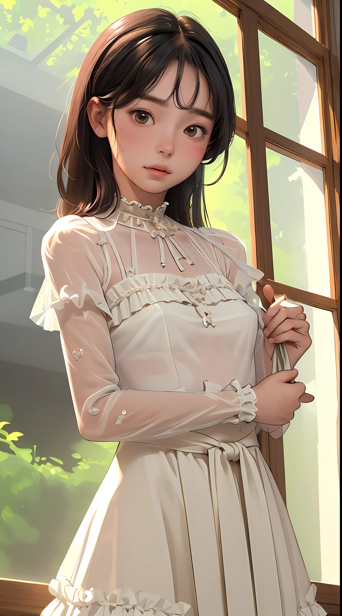 (best quality, masterpiece), 1girl, intricate details, frills, see-through, looking at viewer, sunlight from windows, blush, bangs, standing, upper body,