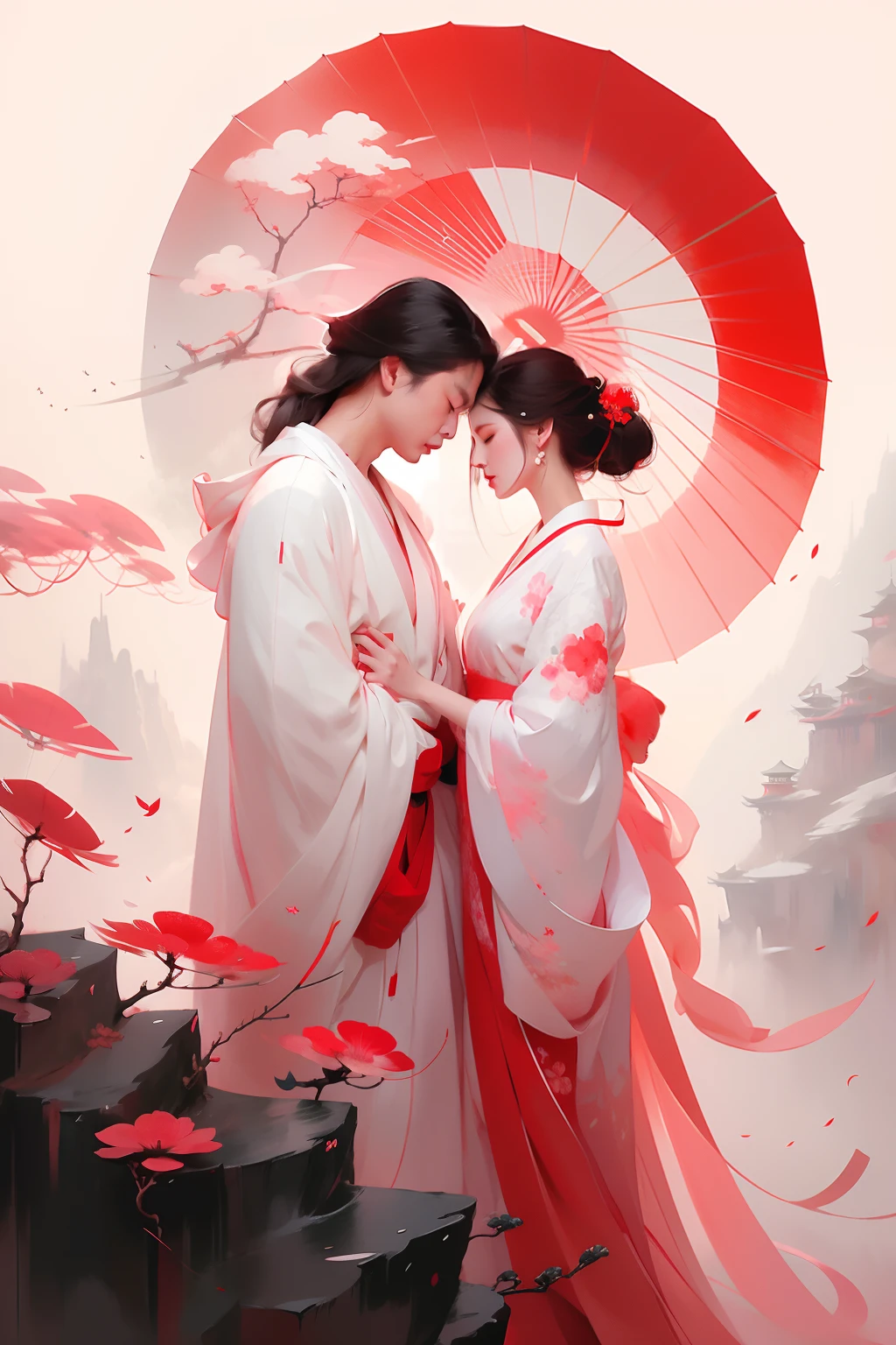 anime couple in kimono dress kissing under umbrellas in front of red and white background, guweiz on pixiv artstation, guweiz, krenz cushart and wenjun lin, guweiz on artstation pixiv, artwork in the style of guweiz, flowing white robes, ross tran and bayard wu, onmyoji detailed art