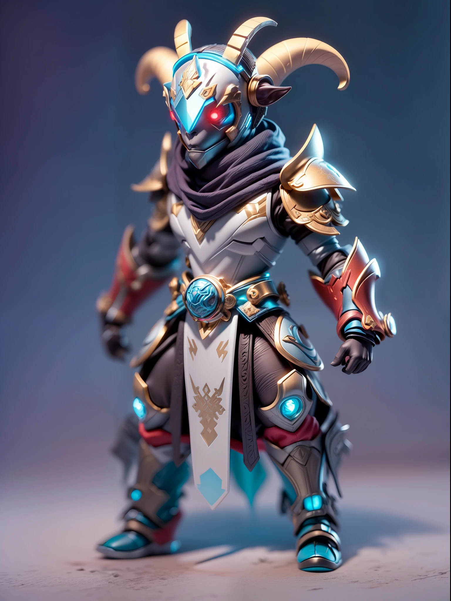 (Blind box toy style:1.3),((Full body shot))(anthropomorphism) , (1 strong goat metal warrior)(((solo))) metal armor,dreamy glow, Clean dark background,Red cyan style,(circular base)( Global illumination, Ray tracing, hdr, unreal render,reasonable design, high detail, Masterpiece, Best quality, hyper HD, Cinematic lighting)