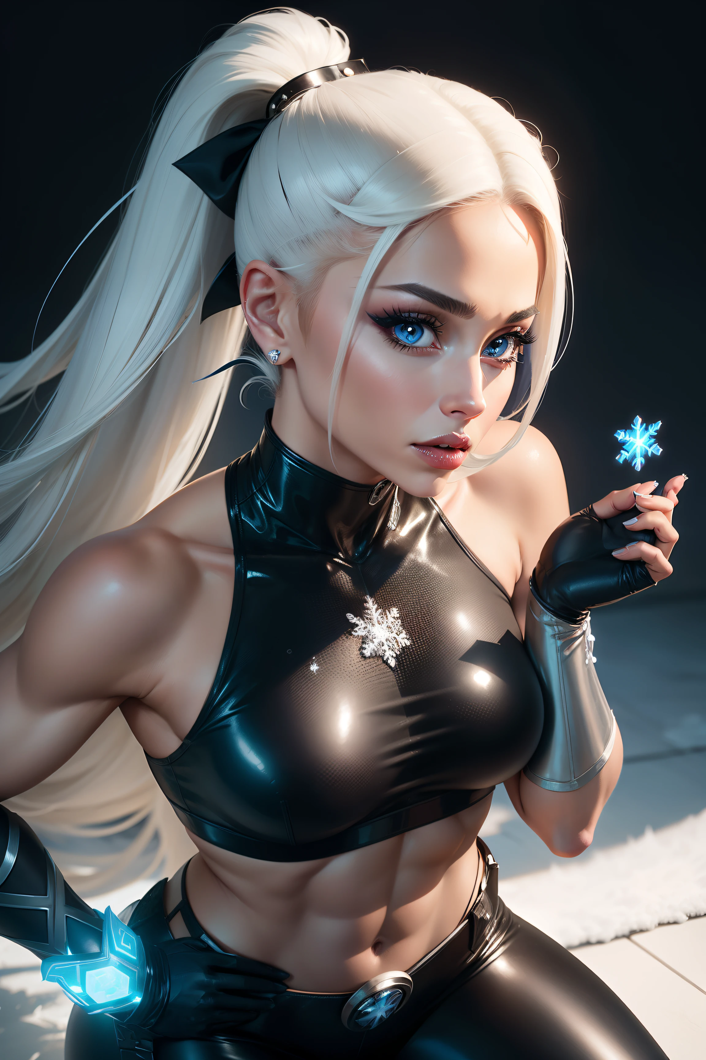 ariana grande as a superheroine, has ice powers, white hair ponytail, back midriff with blue outlines and a snowflake symbol on her right, has black gloves with fur on her the wrist part, wears black tight pants, with a blue belt, blue lines on the knee portrait photography by artgerm, in the style of realism, glistening skin, cartooncore, mangacore, natural lighting, Defined full lips. Muscular fitness feminine body