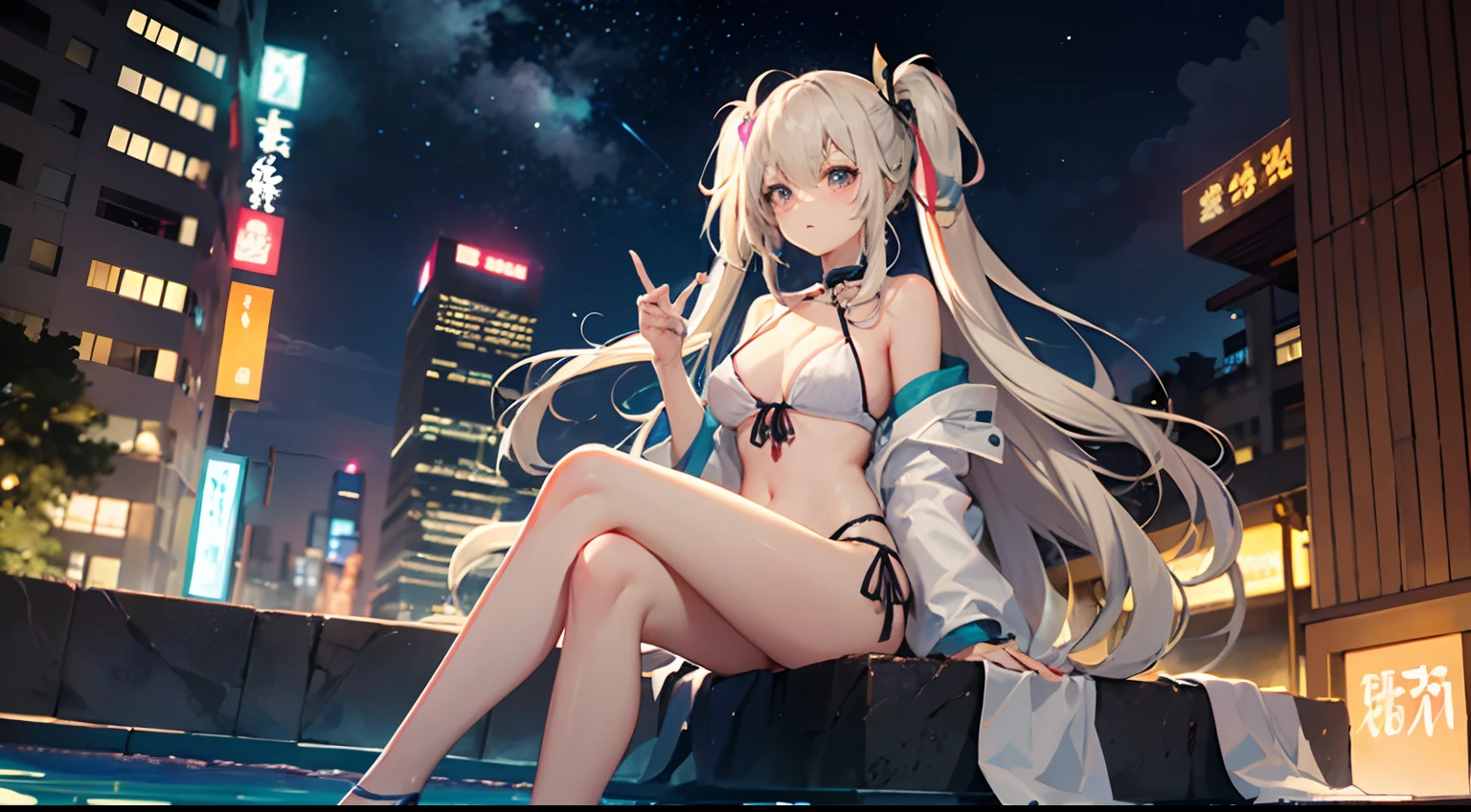 ((Best Quality)), (Ultra-detailed), ((Extremely detailed)), (Beautiful), ((Kawaii Girl)),(two side up hair).,Platinum Blonde Hair,Long hair, hair between eye, Wavy Hair, Long sideburns,Jade-colored eyes, White skin,Normal Chest,Slender body,Cross Halter Bikini,Sandals,background a pool, Night, Night view of New Tokyo City, Starry sky, Neon light,,Look Camera