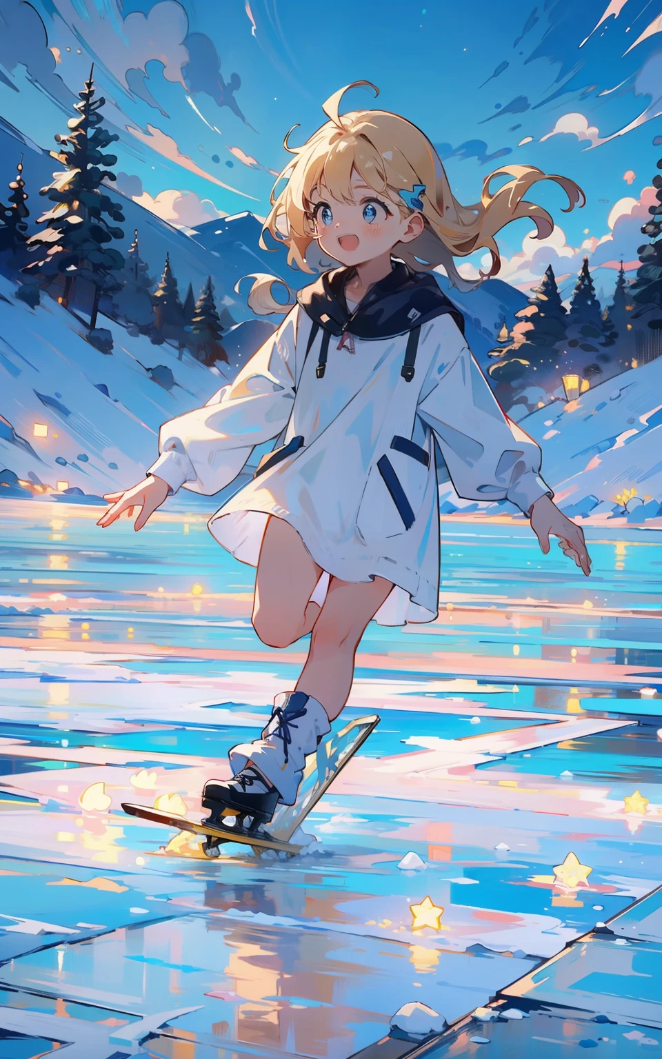 The character:Polaris skating on an icy lake,Spin and jump gracefully。 Appearance:Light blue shoulder-length hair,Dark blue pupils,Dressed in blue,Mix with a little warm pink。 Nature:Lively and welcoming,Helpful。 Hobbies:photography of,skiing,skating,ice - carving。 scene:Polaris skating on an icy lake,She spins and jumps gracefully,Dancing beautifully。Her reflection is reflected on the ice,It's like a moving picture