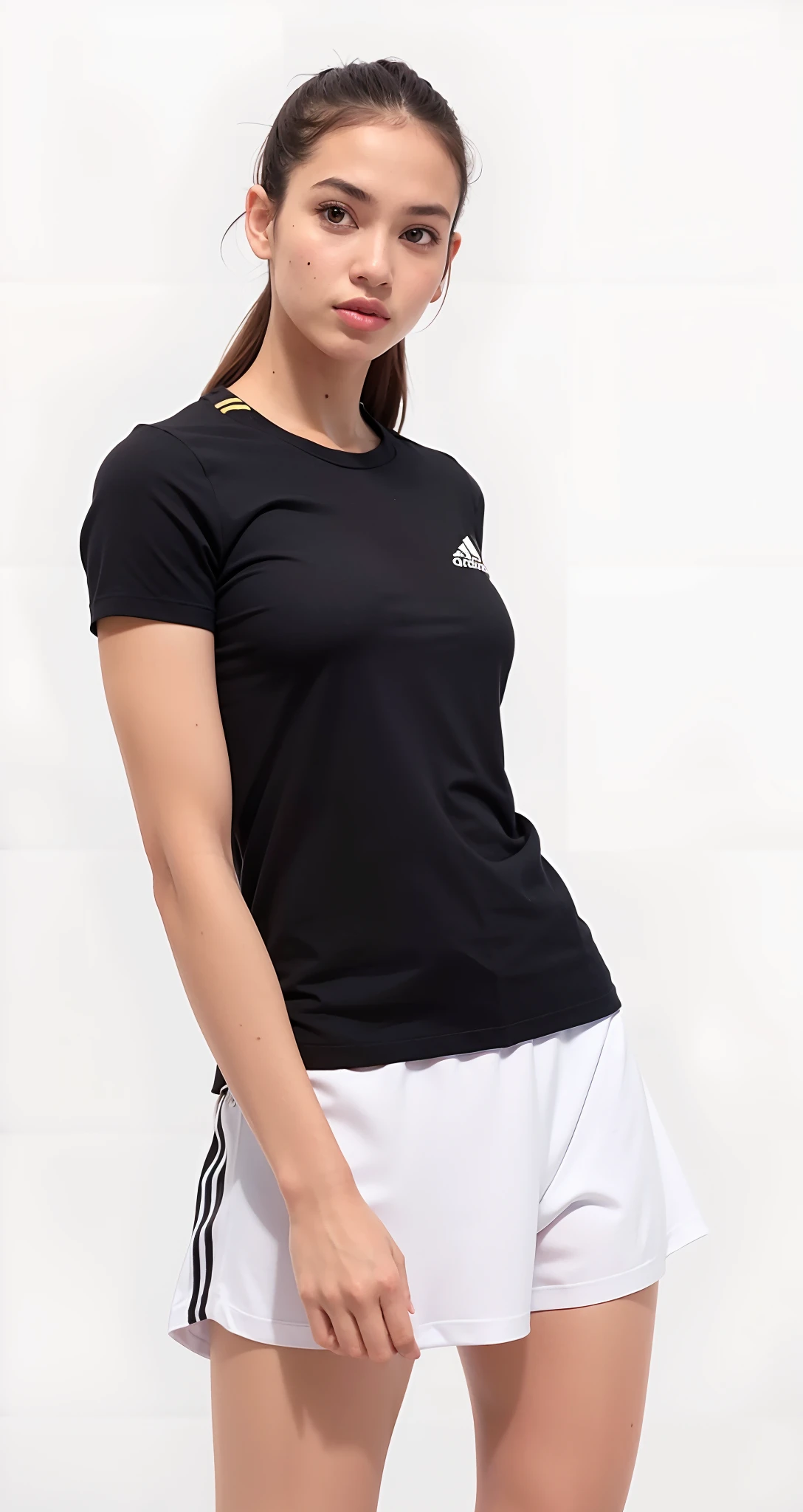 a woman in Top preto and leggings posing for a picture, wearing a Camiseta preta, vestindo camiseta preta, Manga curta, vestindo uma camiseta preta, camiseta preta, camisa preta, camisa nike, camiseta preta, Camiseta preta, wearing a camisa preta, roupa preta, Top preto, camisa de malha, roupas esportivas, camiseta esportiva, camisa preta