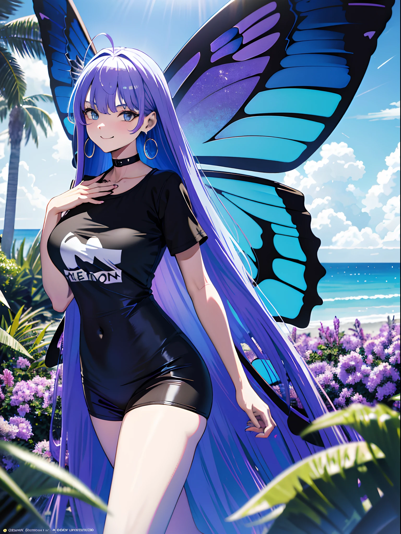 wings 1cat girl, very long lavender hair, blue eyes, wearing shiny black one piece swimsuit, aqua cropped t-shirt, black skirt, beach, absurdres, high res, ultrasharp, 8k, masterpiece, looking at viewer, seductive, seductive pose, sexy, captivating, large breasts, cute yet seductive smile, attractive, sexy shape, sexy curves, large dangle earrings, determined look, butterfly wings