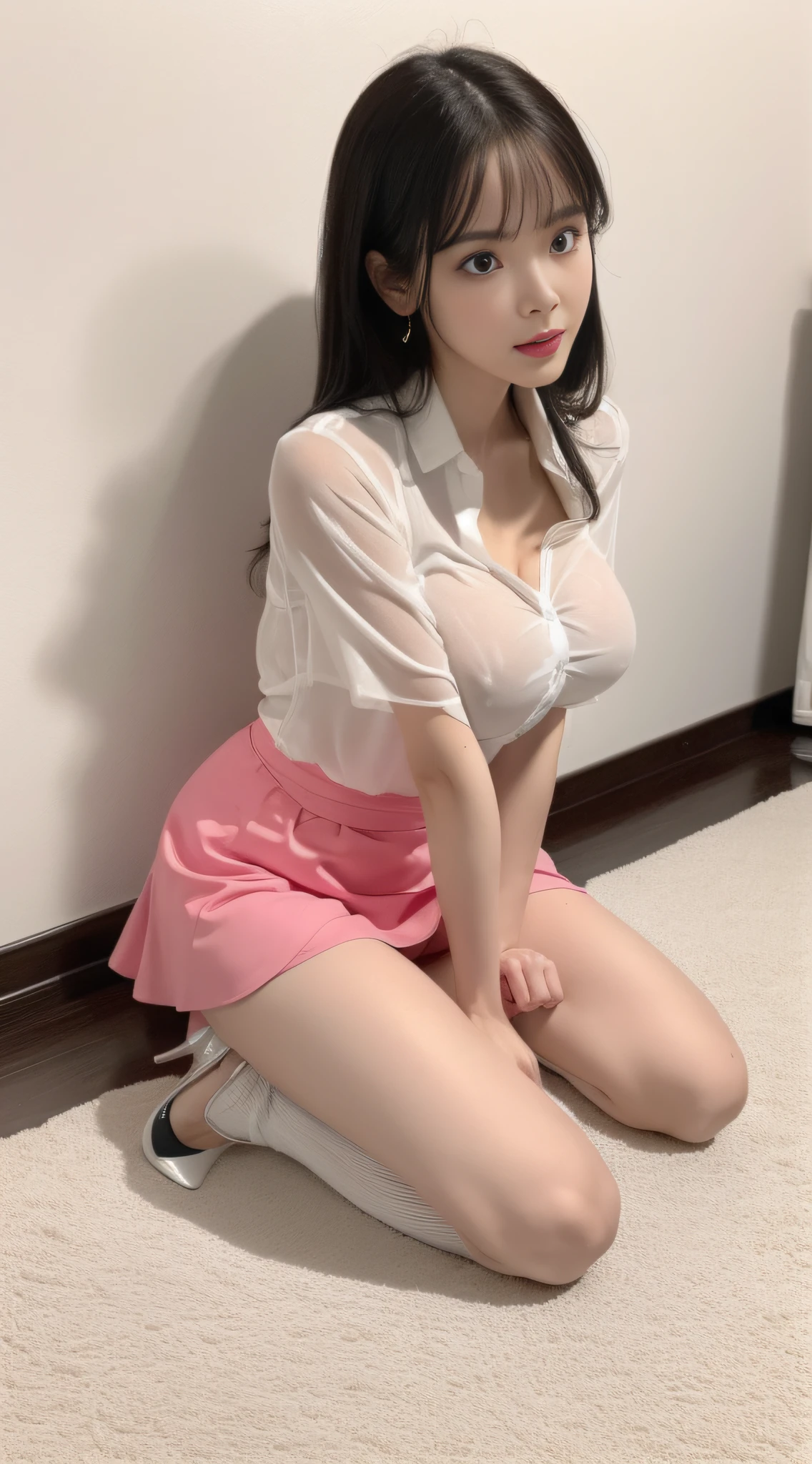 ((8k, RAW photo, highest quality, masterpiece), High detail RAW color photo professional photo, (realistic, photo realism:1. 37), (highest quality), (best shadow), (best illustration), ultra high resolution, highly detailed CG unified 8K wallpapers, physics-based rendering, cinematic lighting), Young girl, black hair, long hair, thin lips, pink lips, eyeshadow, cry, (huge breast : 1.5), sitting on the wet floor, white shirt, pink short skirt, (wet clothes, water seeps into the body), small body, sock, high heels, rain, night, in the dark, low light