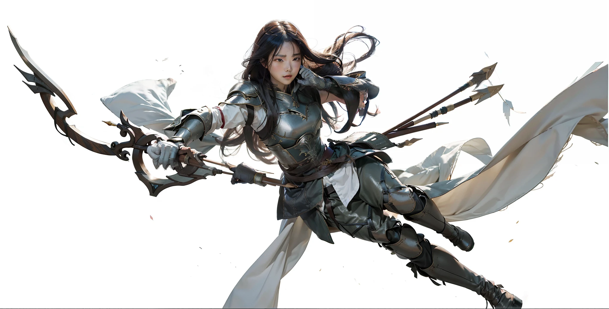 best qualtiy，tmasterpiece，超高分辨率，（真实感：1.4），RAW photogr，Dark armor，Glowing skin，Light-colored fabric，bow and arrows，facula，Contre-Jour，Beautiful light and shadow，An archer，