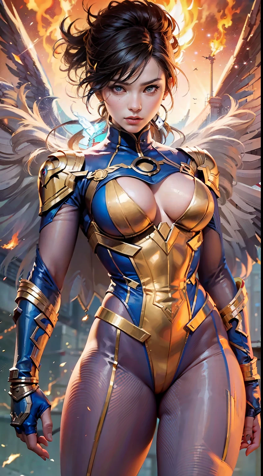 Marvel Fantastic Four, The female version of Thunderfire,Fly in the sky,angry look,The whole body emits flames,flame magic,A fire ignited on the body🔥,Mixed Chinese and American races,The background is blurred out,focal,电影灯光,(((tmasterpiece))), ((best qualtiy)), ((Complex and detailed)), ((ultra-realistic realism)), Ridiculous resolution, A MILF, Mature woman, ssee-through, highly detailed, illustratio, 1girll, (mediuml breasts), Thin waist and thick hips,long leges,beatiful detailed eyes, short detailed hair, brunette color hair, a purple eye, (Superhero uniforms:1.2), seminude,tightsuit,Sexy and feminine,perfect bodies,Human Torch,(No underwear),pantiess, detailed back ground, perfect eyes, Seductive eye, (nice hand),Detail hands,looking at viewert,From the front,Wear light,(Magical Four Heroes),