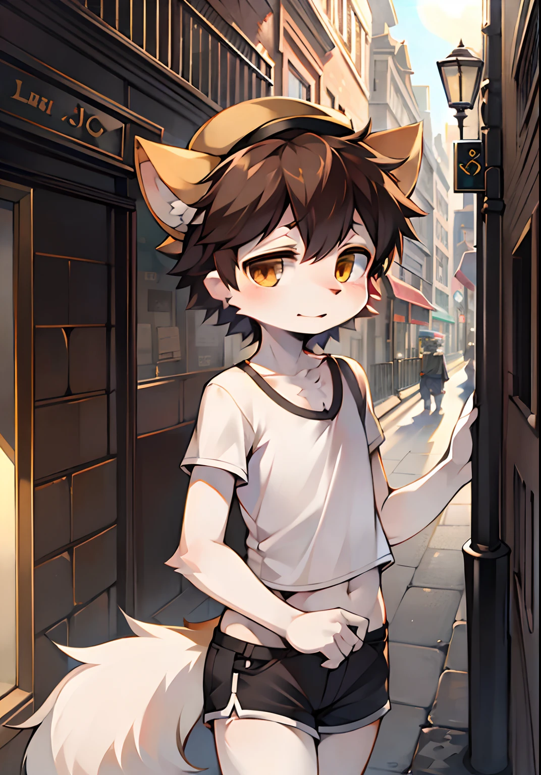The streets of London at the beginning of the twentieth century,Cute little wolf,Libido boy,Slim figure,pale gray fur,Bright morning sun,Brown newsboy hat,white short blouse,brown shorts,Sell moe,Bright and smart eyes(A masterpiece)(high qulity)(Clear structure)(Clear lines)(Background of extreme detail)(extremelydetailedcharacter)