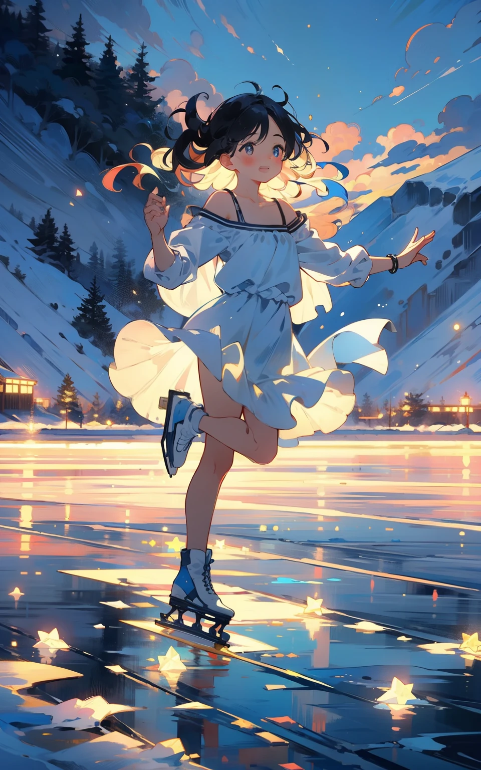 The character:Polaris skating on an icy lake,Spin and jump gracefully。 Appearance:Light blue shoulder-length hair,Dark blue pupils,Dressed in blue,Mix a little warm pink。 Nature:Lively and welcoming,Helpful。 Hobbies:photography of,skiing,skating,ice - carving。 scene:Polaris skating on an icy lake,She spins and jumps gracefully,Dancing beautifully。Her reflection is reflected on the ice,It's like a moving picture