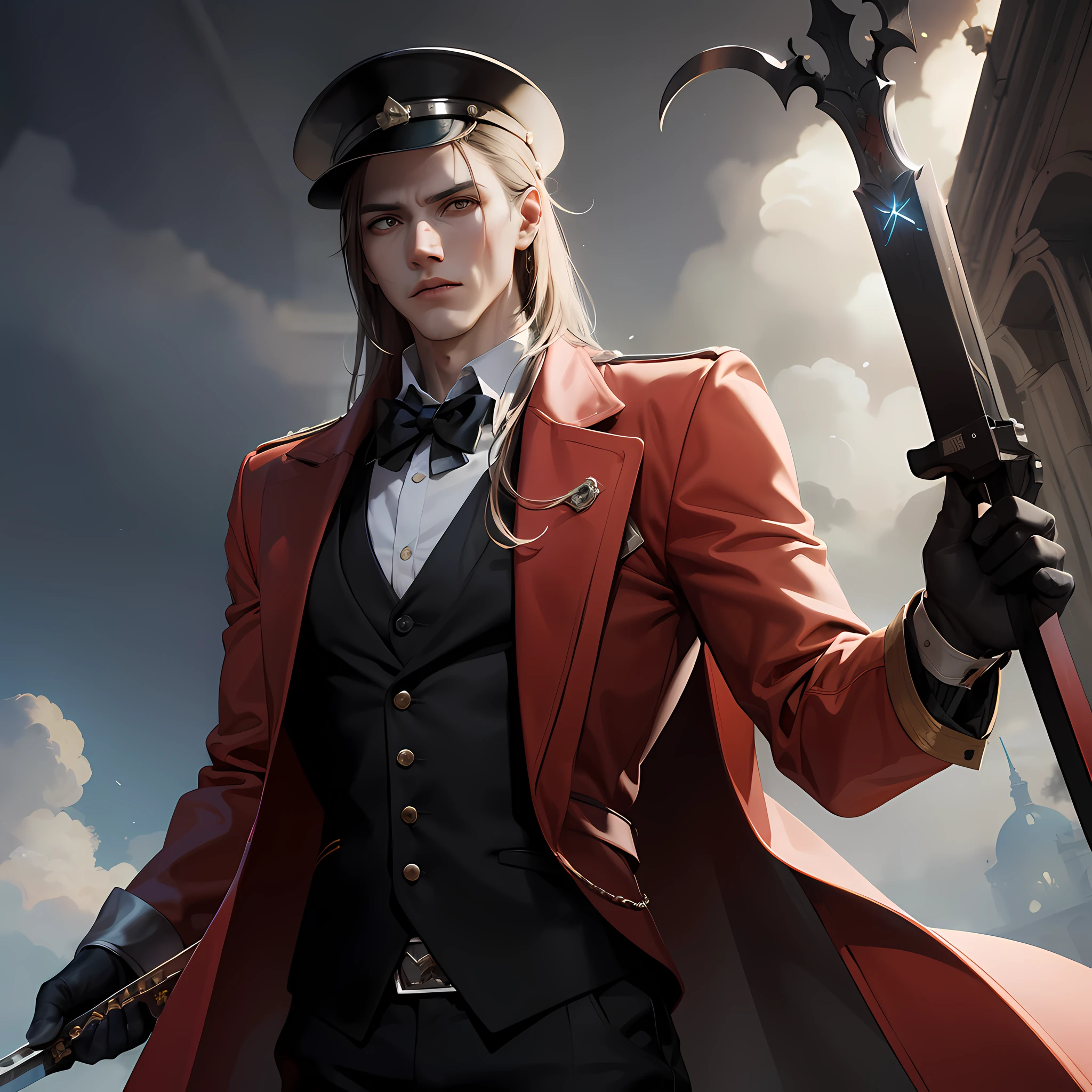 Handsome vampire ager,(Full body like:1.5),long canine teeth,There is blood on the teeth,long whitr hair,(blood stains at the corners of the mouth:1.4),The background is clean,solid color backdrop,shadowing,Blood,depth of fields,dynamic blur,high light,Real light,Ray traching,oc rendered,Hyper-realistic,best qualtiy,8K,Works of masters,super-fine,Detailed pubic hair,Correct anatomy,Bokeh