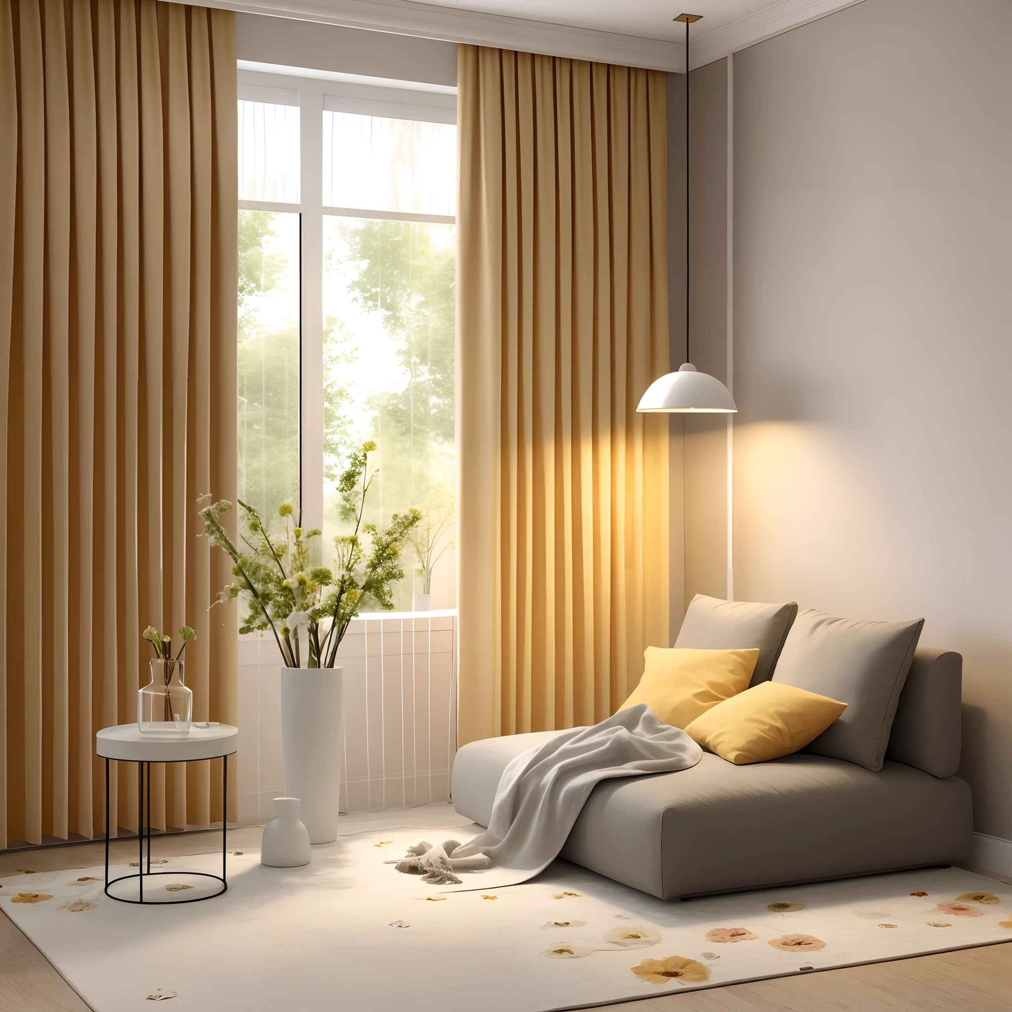 arafed room with a couch, lamp lights, There is also a vase with flowers, cream - colored room, warm interior, natural light in room, hermosas cortinas, natural window lighting, beige color scheme, A bright room, background made of big curtains, yellow carpeted, Curtains, draped drapes, warm lighting interior, warm cosy colors, Warm ambient light