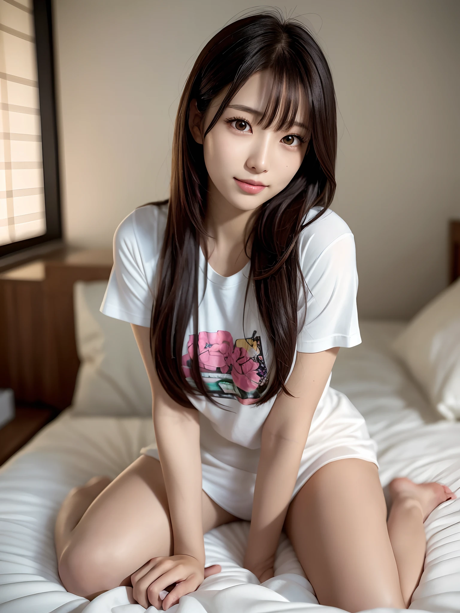 product quality, 1 girl per 1 photo, full body shot, front view, a Japanese young pretty girl, long bob hair, wearing a marriage ring, wearing only a short sleeves T-shirt with an illustration printed, sitting on a silk bed with a big smile, a silk pillow, silk bed sheets, hyper cute face, glossy lips, double eyelids for both eyes, natural makeup, shiny smooth light brown hair of long bob hair, asymmetrical bangs, tanned skin, central image, ultra resolution, high detail, detailed hairstyle, detailed face, cinematic lighting, octane rendering, hyper realistic, perfect limbs, perfect anatomy