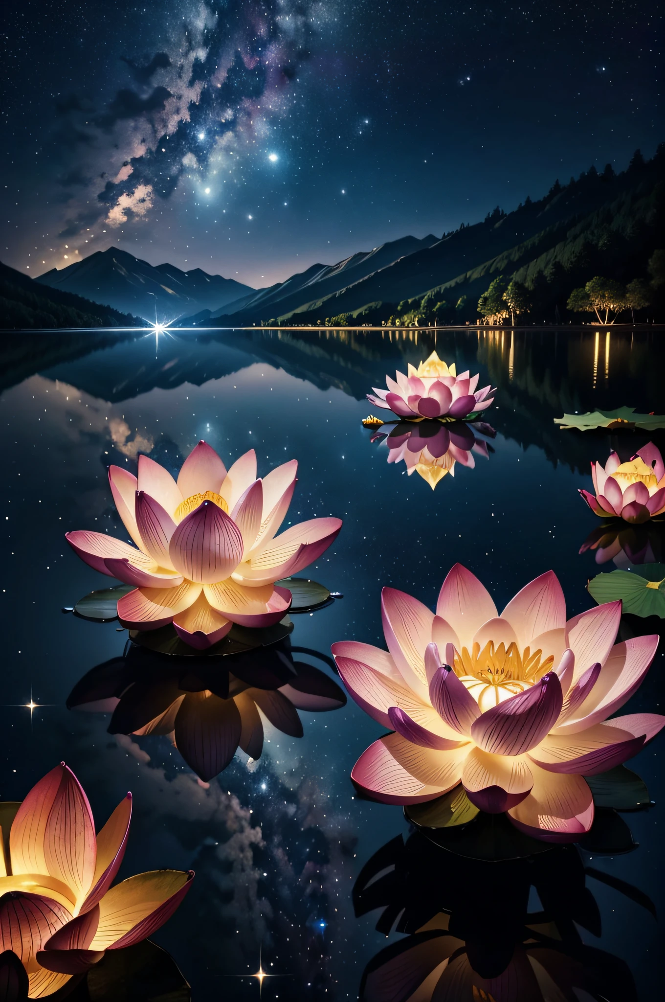 best quality, masterpiece, (realistic:1.2), lotus flower, glowing, in the night sky, full of stars, very detail, ultra-high resolution, ultra-high quality,