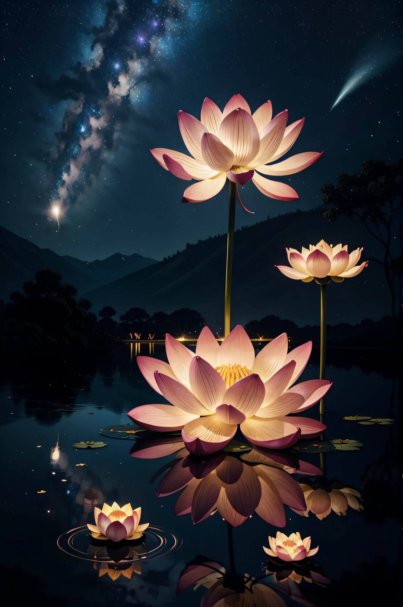 best quality, masterpiece, (realistic:1.2), lotus flower, glowing, in the night sky, full of stars, very detail, ultra-high resolution, ultra-high quality,