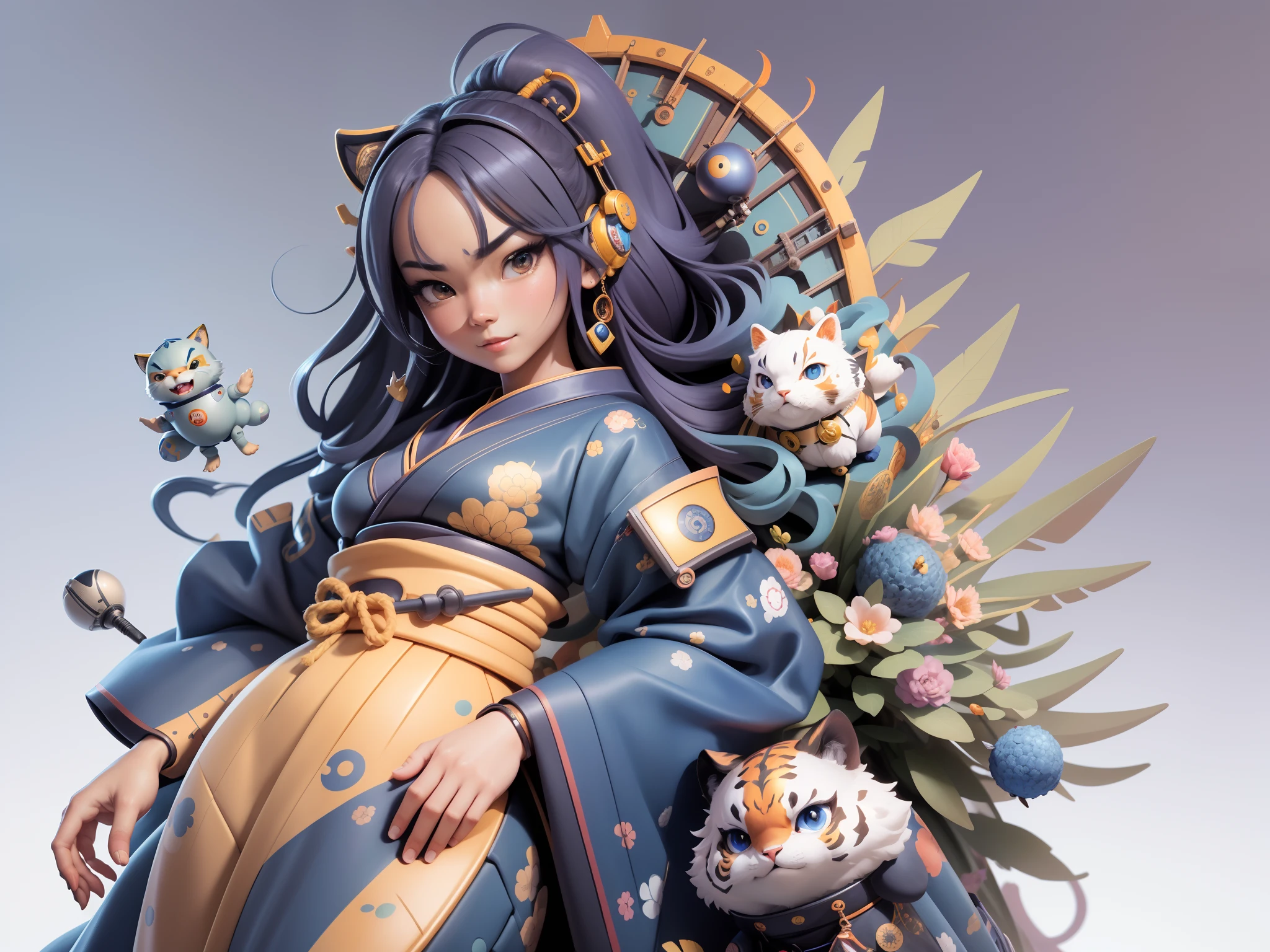 (Masterpiece), (Excellent), (Super Meticulous), (Full Body: 1.2), Super Young woman, sexzy sitting Oriental Face, Japanese Kimono, small breast,Japanese Wind Thunder God, Dragon, Tiger, TV Anchor, Bust Portrait Illustration, Alone, Black Suit, Blue Tie, Slightly Chubby Face, Very Clean Face,, Black Super long Hair, blue Eyes, Confident Smile, 3c Computer Sub-Products, iPad, iPhone, Digital Painting, 3D Character Design by Akira Toriyama and Mark Claireden and Pixar and Hayao Miyazaki, The illustration is a high-definition illustration in 4K resolution with very detailed facial features and cartoon-style visuals.