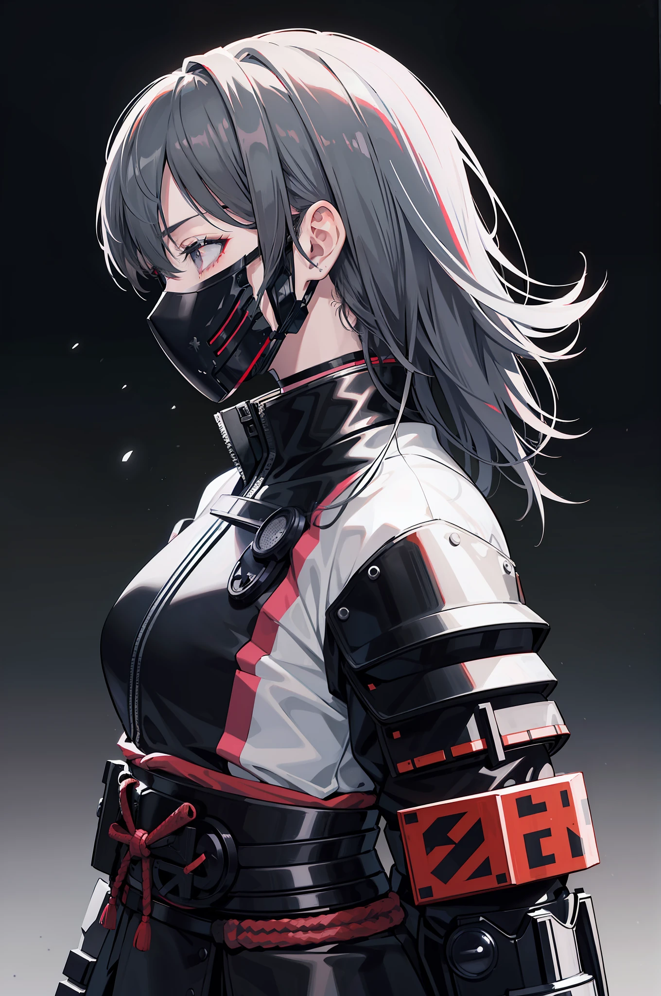 ((solid black background)), solo, 1girl, cyberpunk samurai armour, cyberpunk face mask, wolfcut with grey tips at end, holding katana, close up shot, 3/4 full body side profile to the right, manga art style, inspired by Takehiko Inoue, (extremely detailed), (beautiful illustration)