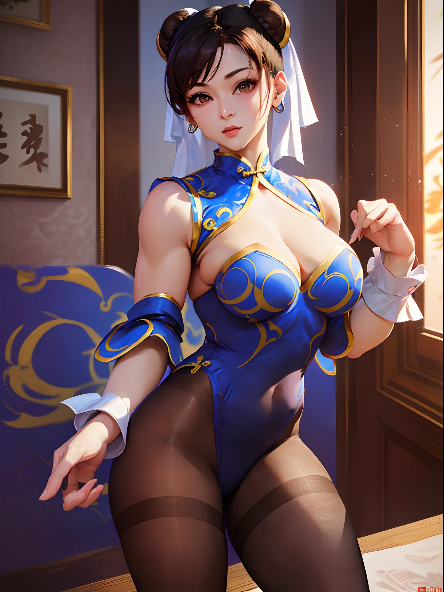 (top-quality: 1.3)、(masterpiece: 1.3)、(The ultra-detailliert: 1.3)、(wall-paper, one girls)、(Chun-Li Style Cheongsam:1.4)、(blondehair:1.3)、Medium Hair、straight haired、(Beautiful Large Breasts:1.3)、Chinatown、ssmile、sexypose、(Brown pantyhose:1.4)、is standing