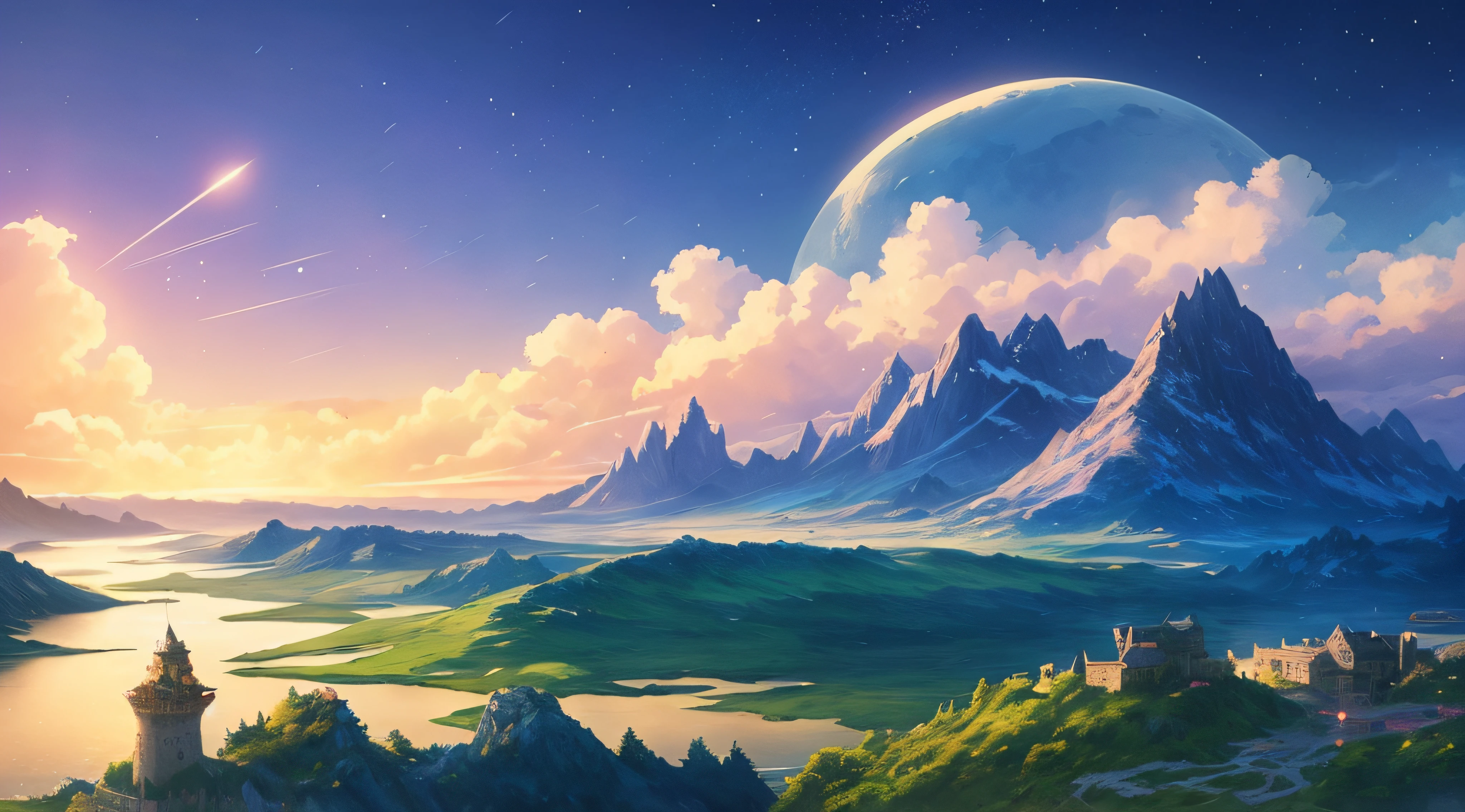 Mountains and lakes,There is a castle in the foreground, impressive fantasy landscape, Sci-fi fantasy wallpaper, Fantasy art landscape, 4k highly detailed digital art, Concept art wallpaper 4K, planetarylandscape, Sci-fi fantasy desktop wallpaper, amazing wallpapers, Fantasy landscape, landscape of an alien world, sci-fiish landscape, fantasy planet, 4K fantasy art, High fantasy landscape