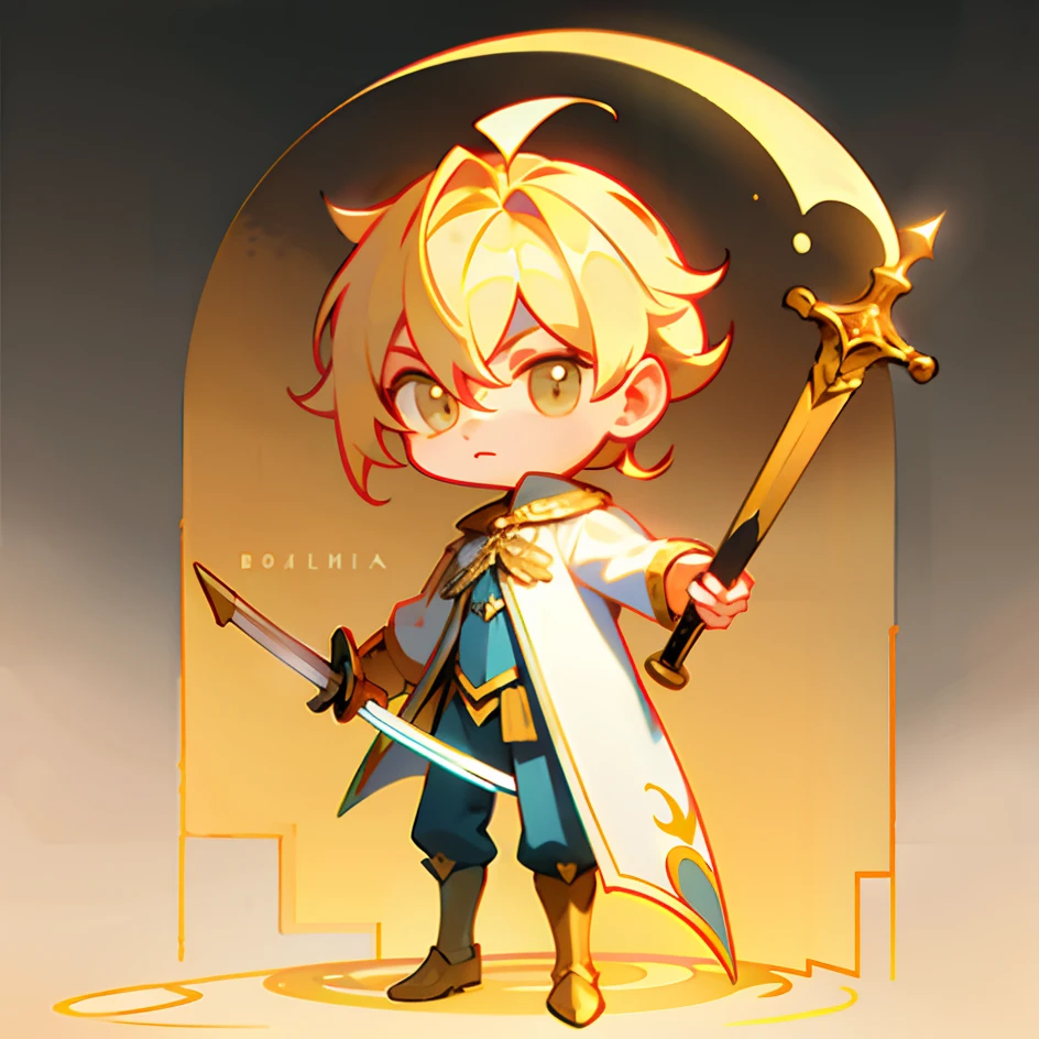 (tmasterpiece,top Quority,best qualtiy),pix,pixelart,full bodyesbian,A boy with,European Middle Ages,holding golden sword,He had a golden shield beside him,coiffed blonde hair,White clothes,adolable,standing on your feet,Full body like,Bicephalic proportions