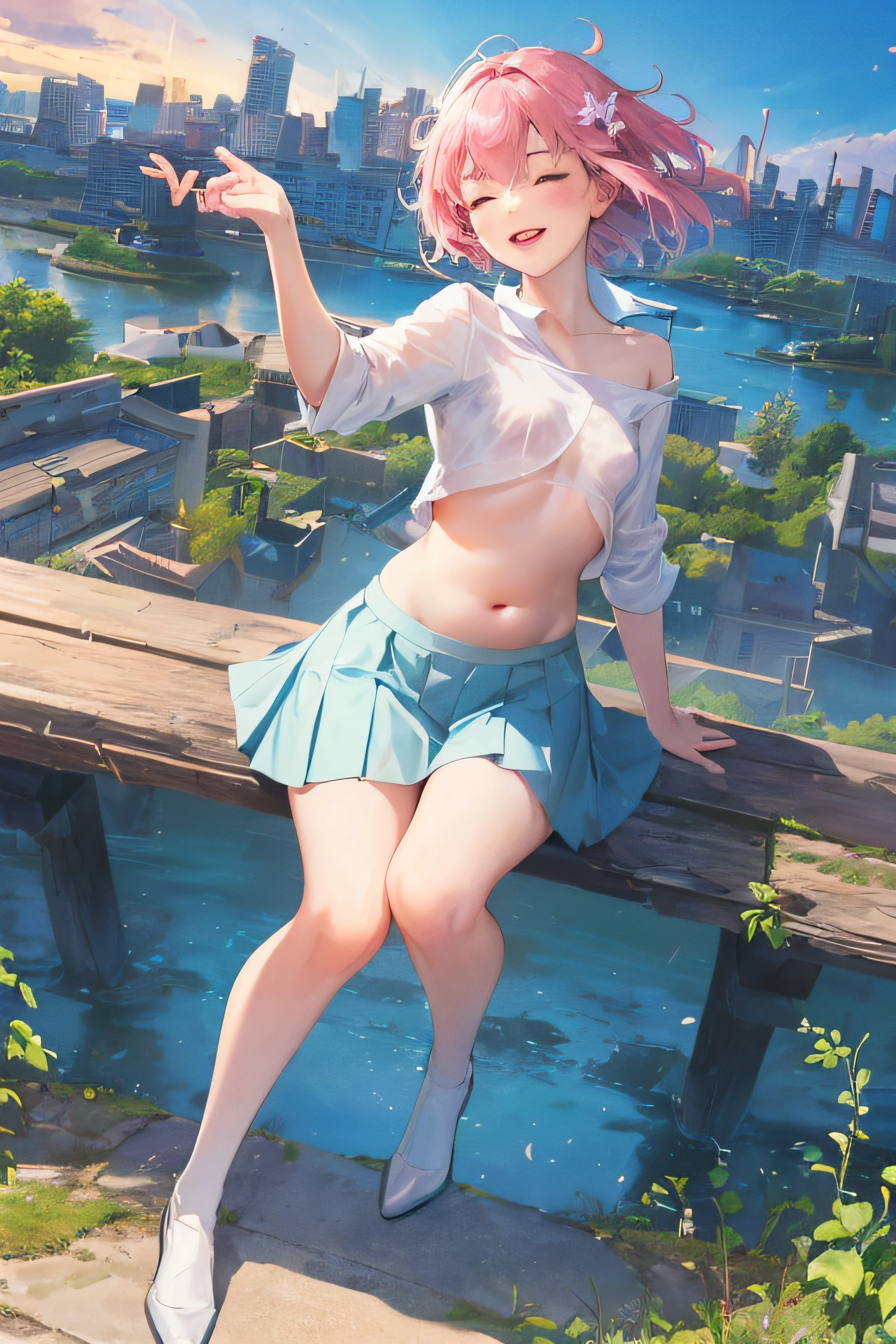 official art, masterpiece, sharp focus, (beautiful gorgeous cute chubby Korean woman:1.3), (beautiful cute korean:1.3), korean beauty, Delicate and beautiful short hair and eyes and face, realistic, ultra detailed, beautiful girl, blue sky, glow white particle, (sidelighting:1.2), sun light, white cloud, detailed clouds, slender, Lovely ((small breasts)) and very large hips, smile with teeth, ((smile with eyes, close one eyes)), scenery, long straight hair, sexy facial expression, building, (cityscape:1.7), twilight skies, dynamic hair, short straight hair, detailed platinum pink hair, glow blue eyes, (blue pleated shirts + white skirt), white long socks, pale skin, hair ornament, epic scenery, ((nipple slips)), short skirt, ((belly button)), chubby girl, kimi no nawa comet, meteor, aurora borealis, wide angle lens, low angle shot, fully skies, cherry blossom, stars, milkyway, in the roof top, opened tshirt, niple slip, topless