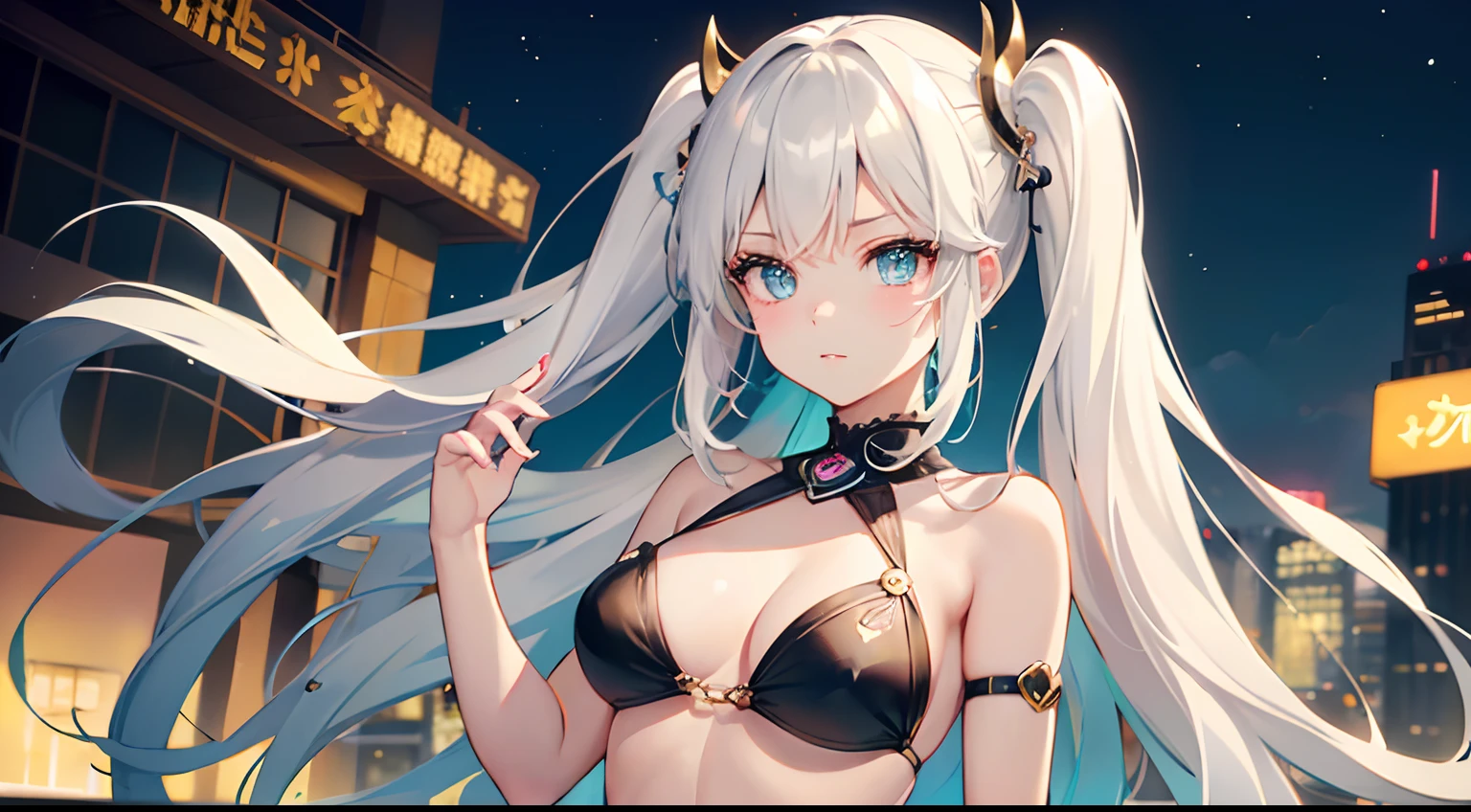 ((Best Quality)), (Ultra-detailed), ((Extremely detailed)), (Beautiful), ((Kawaii Girl)),(two side up hair).,Platinum Blonde Hair,Long hair, hair between eye, Wavy Hair, Long sideburns,Jade-colored eyes, White skin,Normal Chest,Slender body,Cross Halter Bikini,Sandals,background a pool, Night, Night view of New Tokyo City, Starry sky, Neon light,,Look Camera