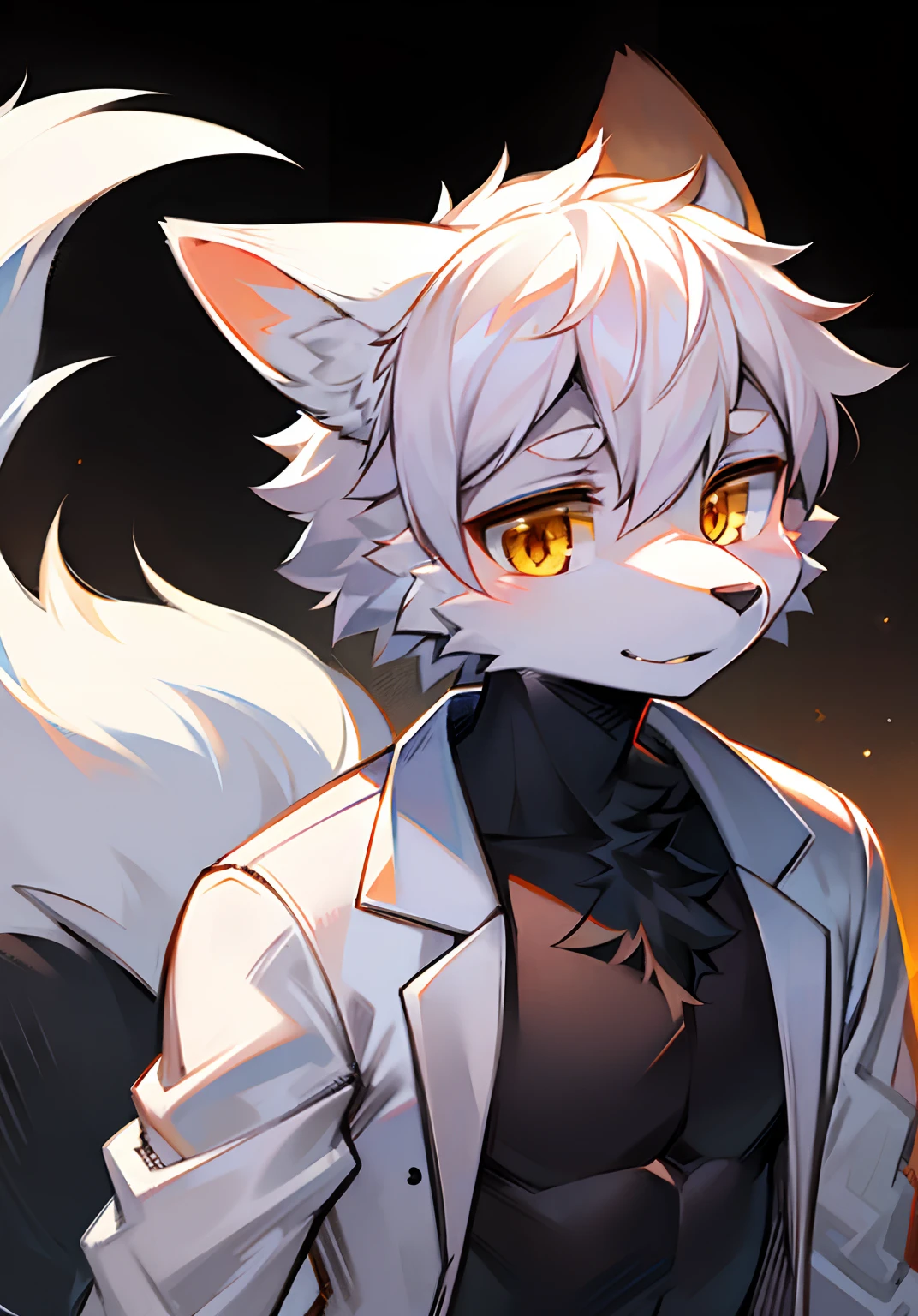 epcot，Mechanical wind，full bodyesbian,Young Wolf,人物,tmasterpiece,furry tail,Highest image quality,8k,Full HD background，cartoony，adolable，doctor outfit，Manteau blanc，kemono，male people，a plush，furry，White fur，White body，White ears，Orange-yellow eyes，solo person, Wolf tail, Wolf ears, ((half-body portrait)),Soft lines，Soft lines of clothing