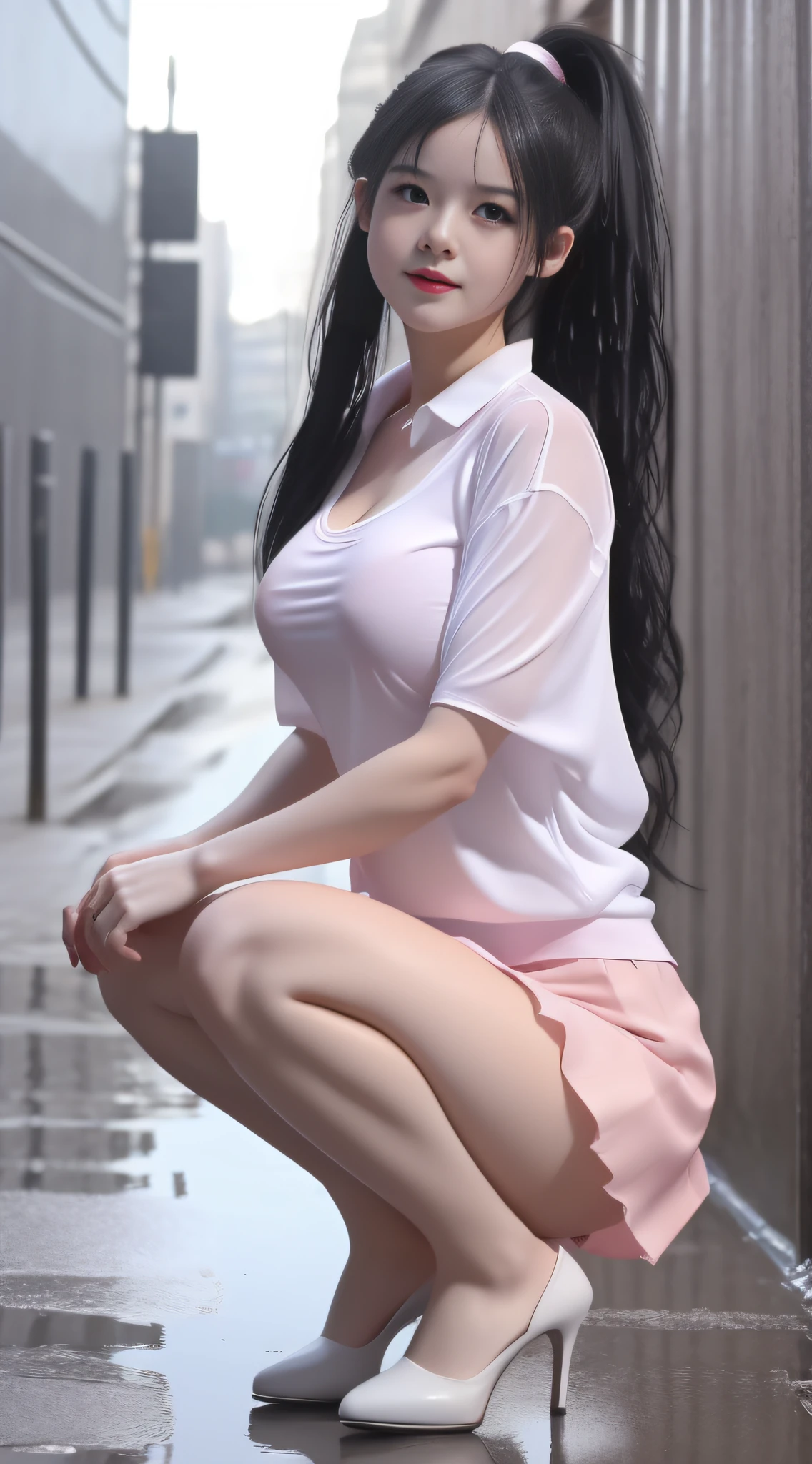 ((8k, RAW photo, highest quality, masterpiece), High detail RAW color photo professional photo, (realistic, photo realism:1. 37), (highest quality), (best shadow), (best illustration), ultra high resolution, highly detailed CG unified 8K wallpapers, physics-based rendering, cinematic lighting), Young school girl, (17 years old), black hair, ponytail, thin lips, pink lips, eyeshadow, cry, (huge breast : 1.5), squatting, white shirt, black short skirt, (wet clothes, water seeps into the body), small body, sock, high heels, rain, (midnight, in the dark, low light), in a narrow and dark alley