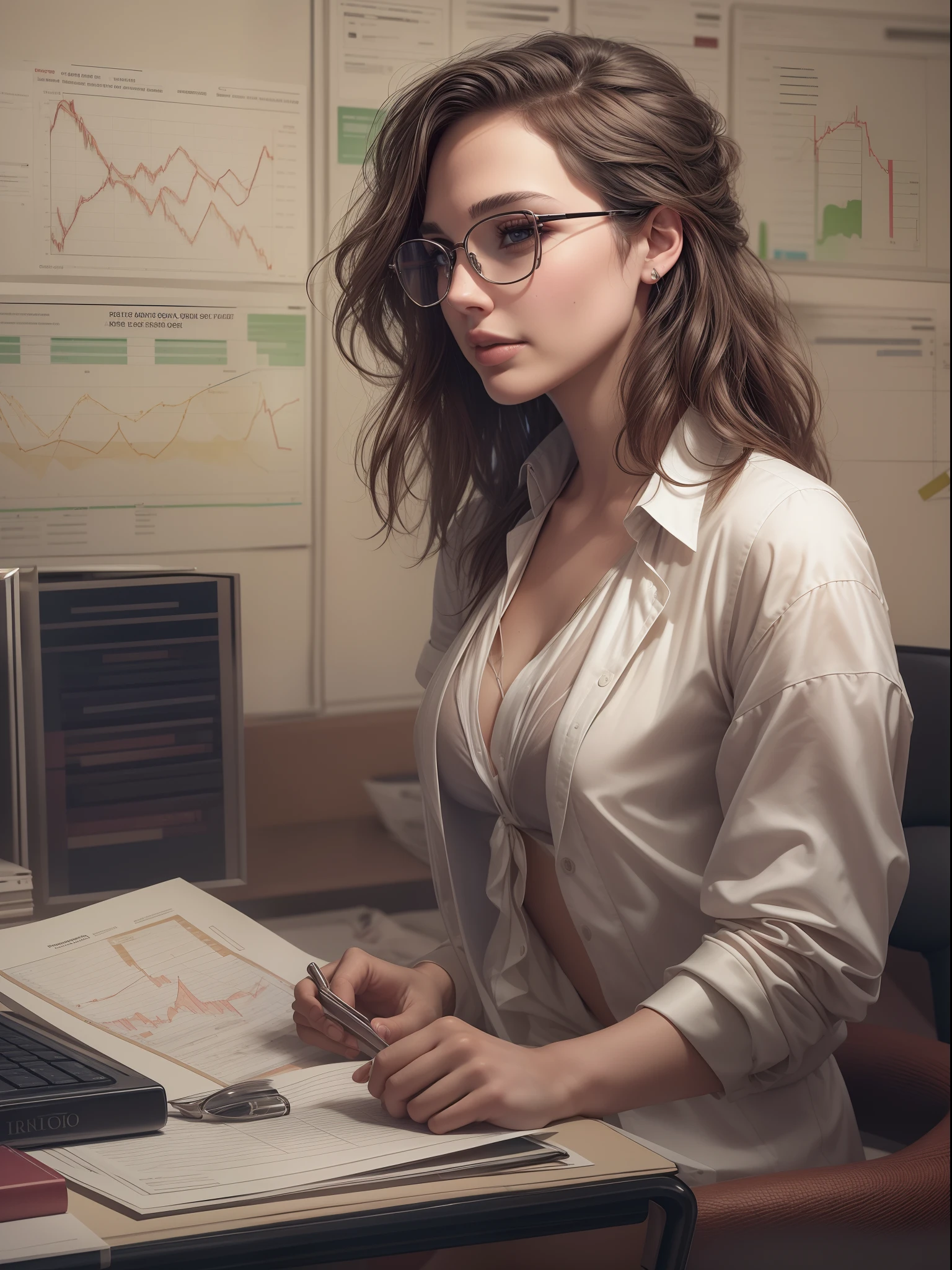 a beautiful young woman [Gald Gadot:Maude adams:0.98] exuding an air of confidence and intellect in a sleek modern office space beside a complex financial chart on the wall, you can feelher analytical mind at work, straight in the camera gaze, slightly smiling, full body, top model measurements, office dresscode, wearing glasses, cute face, still very professional, by Alejandro Burdisio