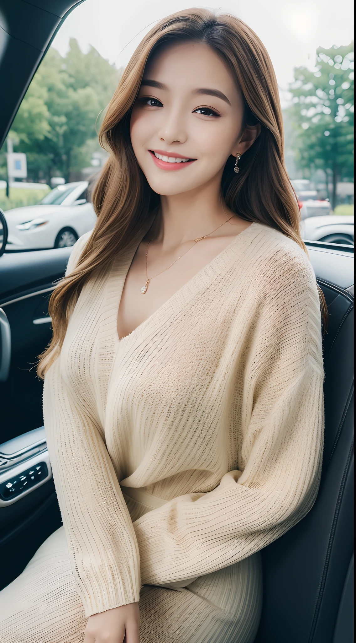 ((Best Quality, 8k, Masterpiece:1.3)), Focus:1.2, Perfect Body Beauty:1.4, Buttocks:1.2, ((Delicate Hair)), (Sweater Dress:1.1) , (Sports car, street: 1.2), Highly detailed face and skin texture, Detailed eyes, Double eyelids, whitening skin, Big breasts, smile, wearing necklaces, rings, people sitting in cars with their buttocks up,