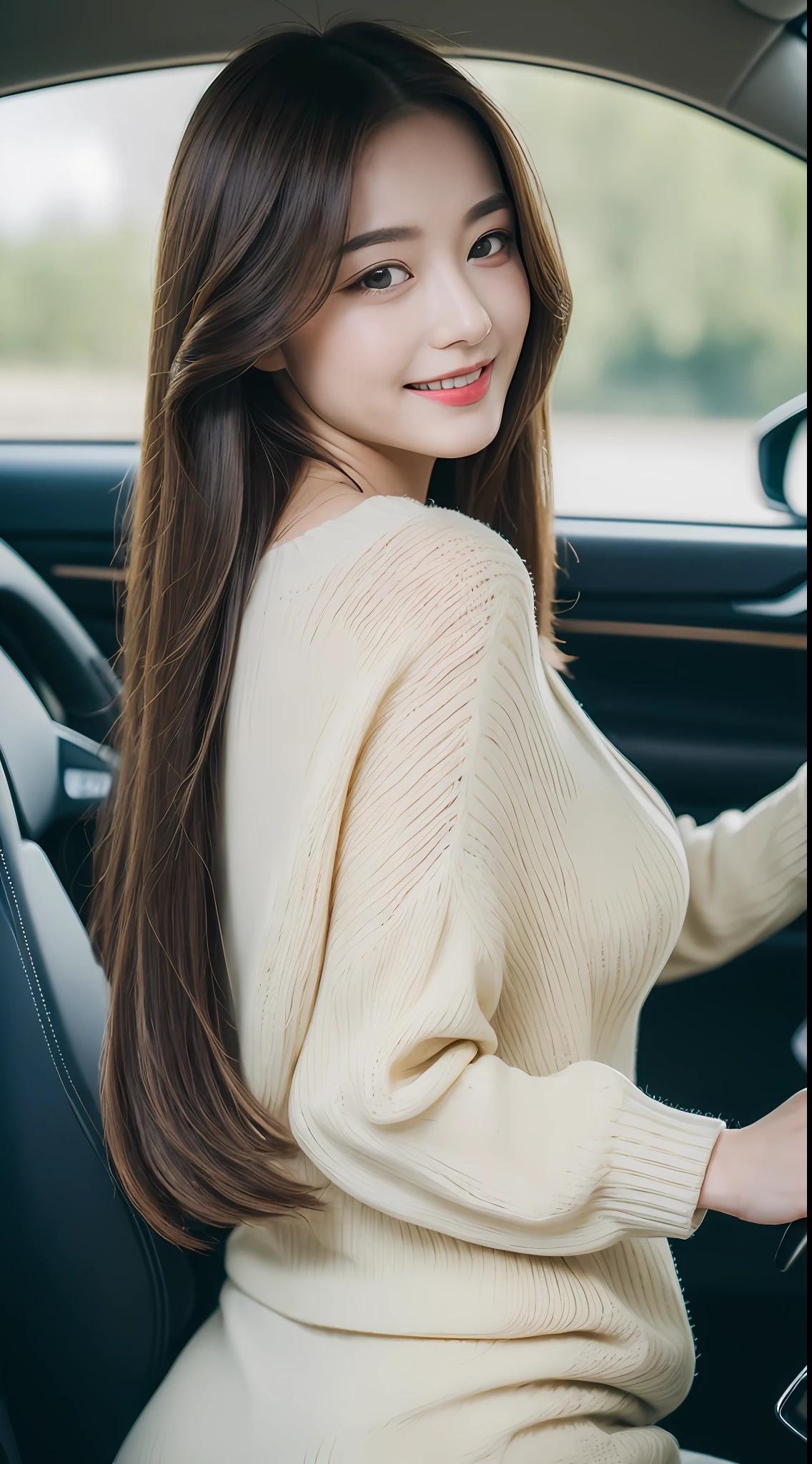 ((Best Quality, 8k, Masterpiece:1.3)), Focus:1.2, Perfect Body Beauty:1.4, Buttocks:1.2, ((Delicate Hair)), (Sweater Dress:1.1) , (Sports car, street: 1.2), Highly detailed face and skin texture, Detailed eyes, Double eyelids, whitening skin, Big breasts, smile, wearing necklaces, rings, people sitting in cars with their buttocks up,