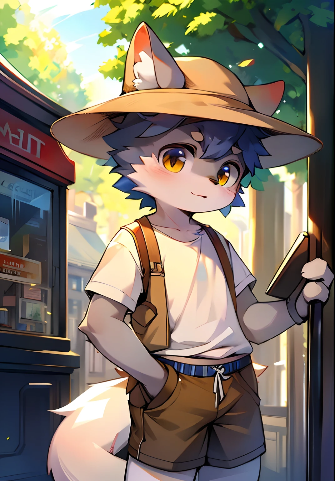 The streets of London at the beginning of the twentieth century,Cute little wolf,Libido boy,Slim figure,pale gray fur,Bright morning sun,Brown newsboy hat,white short blouse,brown shorts,Sell moe,Bright and smart eyes(A masterpiece)(high qulity)(Clear structure)(Clear lines)(Background of extreme detail)(extremelydetailedcharacter)