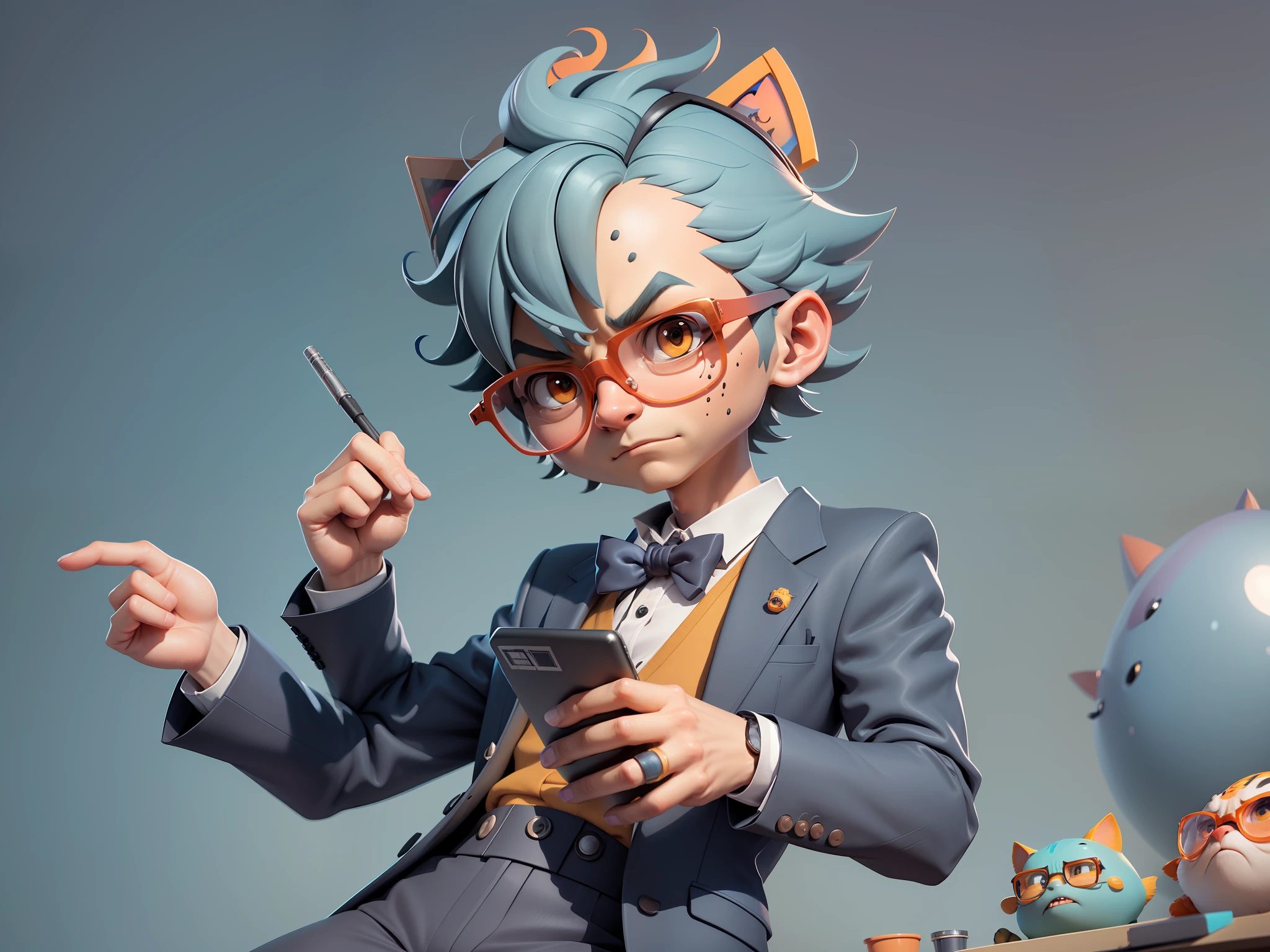 A young man in a suit, Short hair and glasses sat at his desk,holding laptop,digitial painting,tigre,3D character design by Mark Clairen and Pixar and Hayao Miyazaki and Akira Toriyama,4K HD illustration,Very detailed facial features and cartoon-style visuals。
