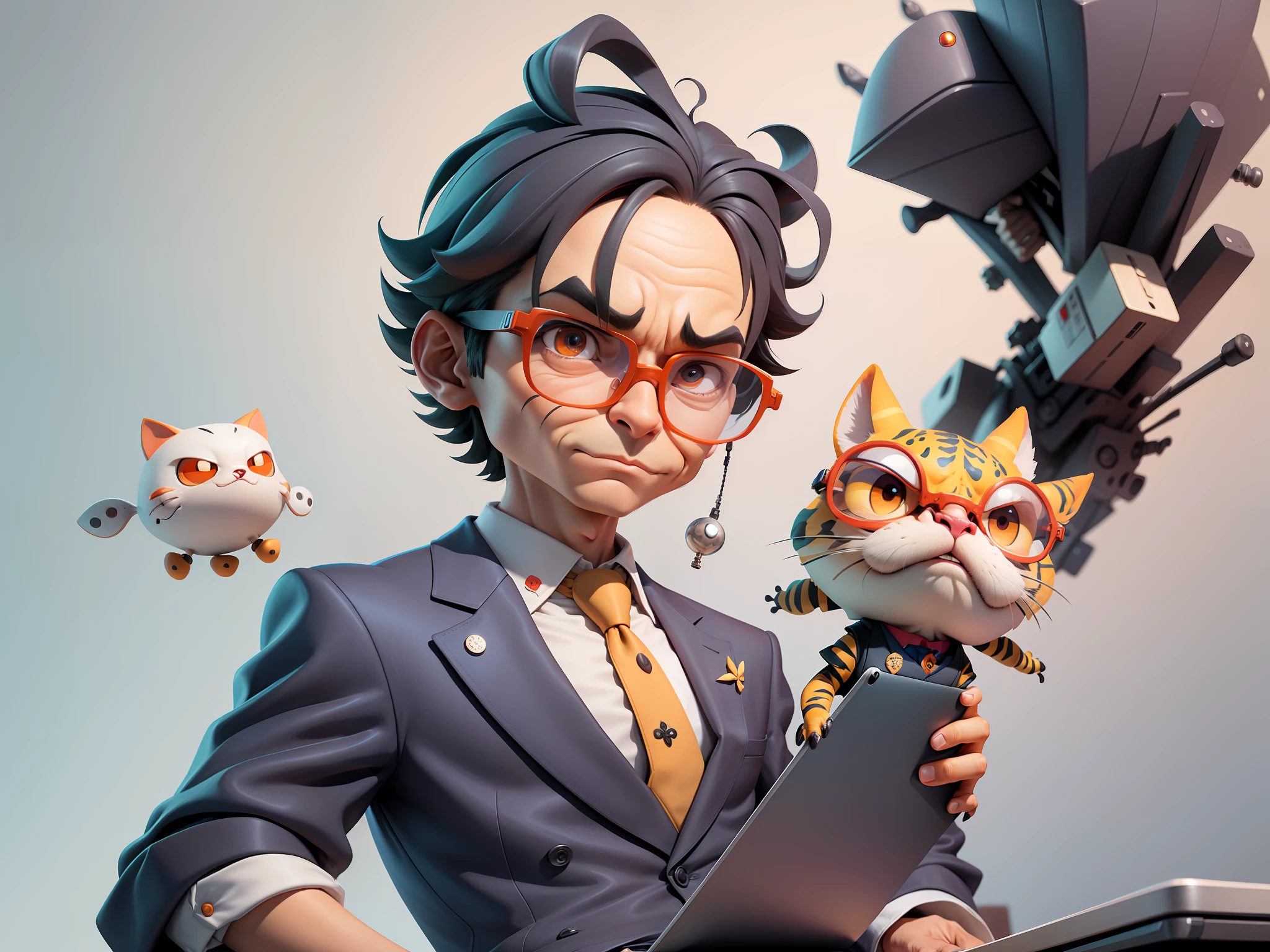 A young man in a suit, Short hair and glasses sat at his desk，holding laptop，digitial painting，tigre，3D character design by Mark Clairen and Pixar and Hayao Miyazaki and Akira Toriyama，4K HD illustration，Very detailed facial features and cartoon-style visuals。