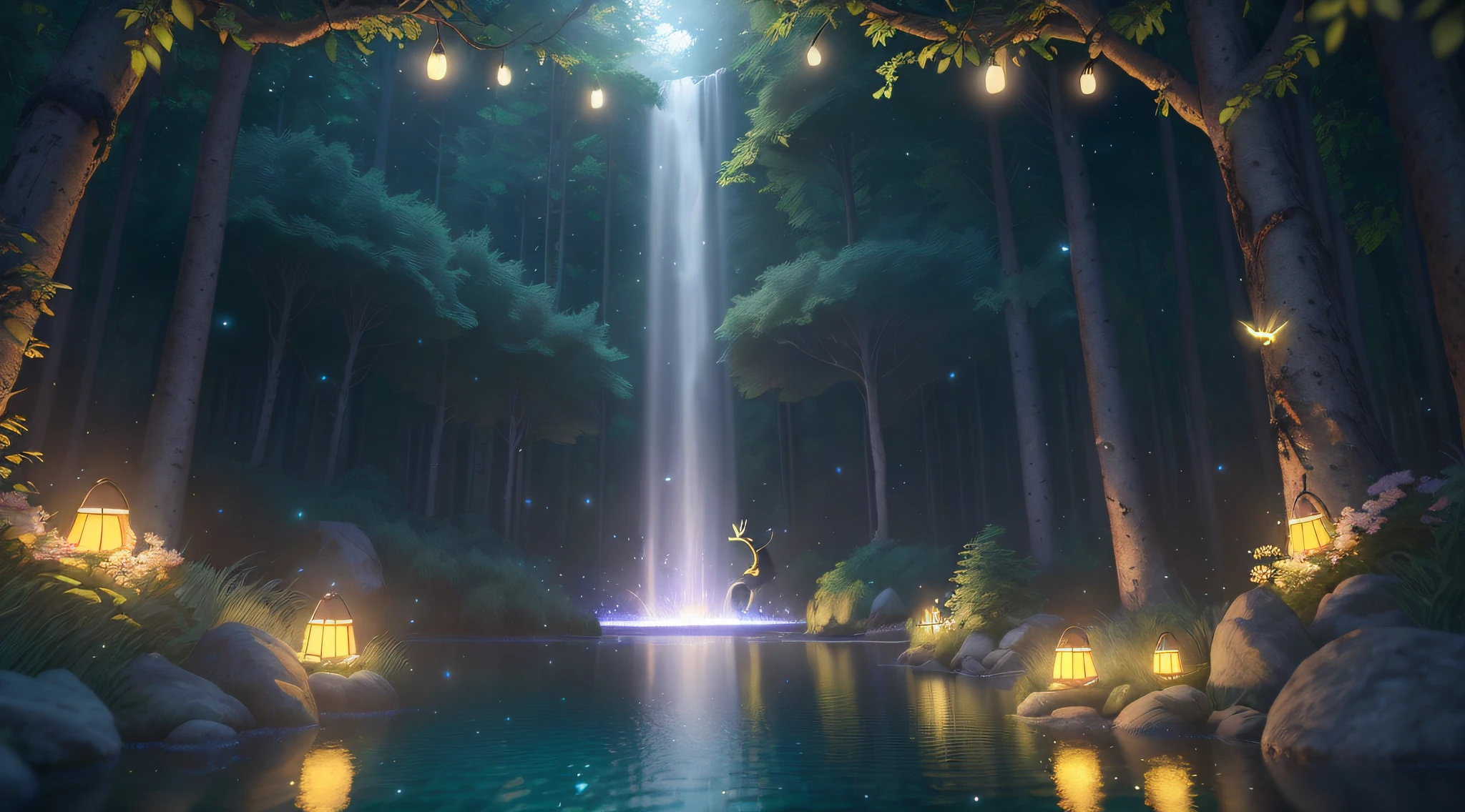 Masterpiece, best quality, (very detailed CG unity 8k wallpaper), (best quality), (best illustration), (best shadows), glow sprite, with a glowing deer, in the swimming pool Drinking water, natural elements in the forest theme. Mysterious forest, beautiful forest, nature, surrounded by flowers, delicate leaves and branches surrounded by fireflies (natural elements), (jungle theme), (leaves), (twigs), (fireflies), (particle effects) etc. 3D , Octane rendering, ray tracing, super detailed