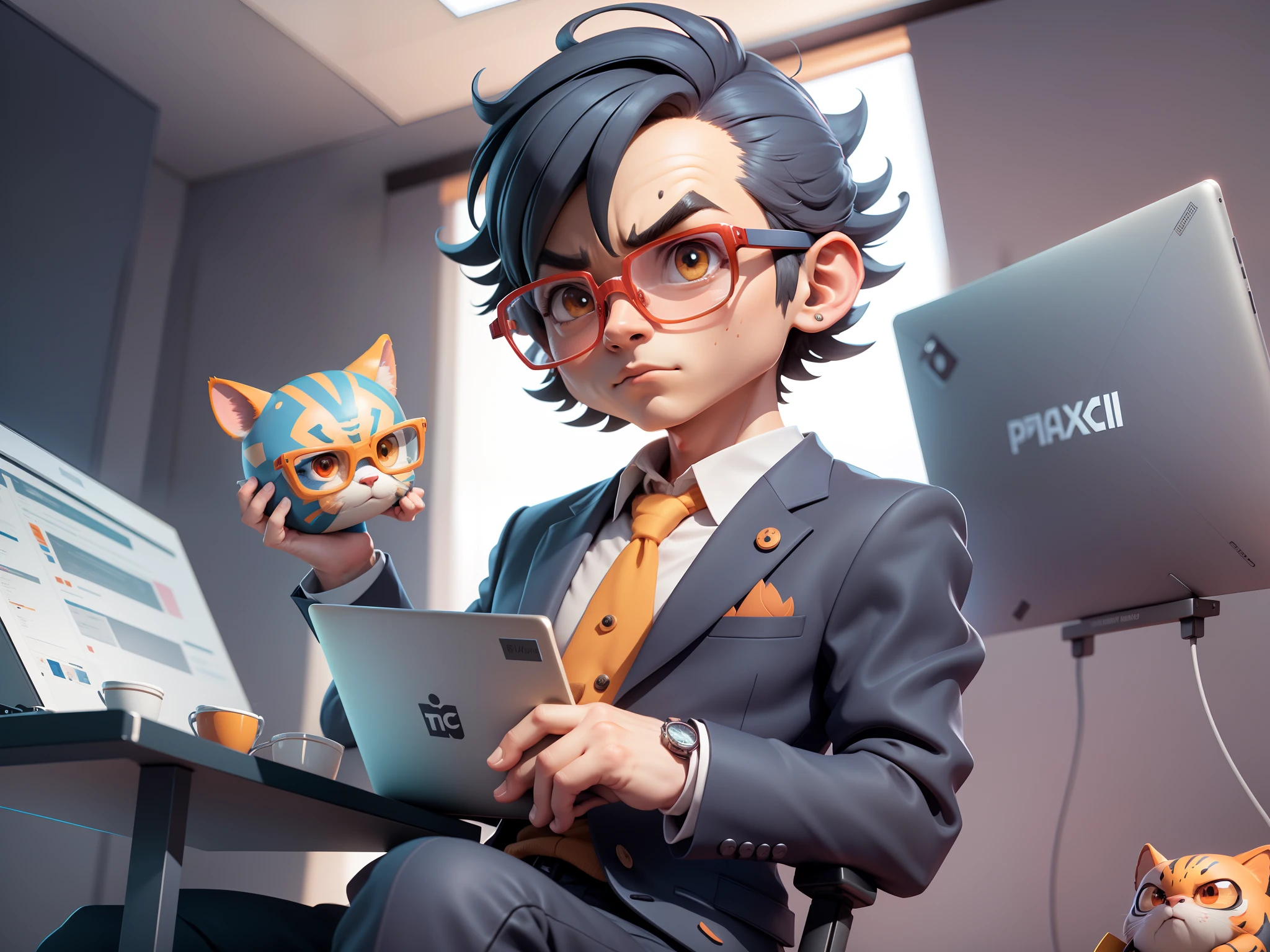 A young man in a suit, Short hair and glasses sat at his desk,holding laptop,digitial painting,tigre,3D character design by Mark Clairen and Pixar and Hayao Miyazaki and Akira Toriyama,4K HD illustration,Very detailed facial features and cartoon-style visuals。