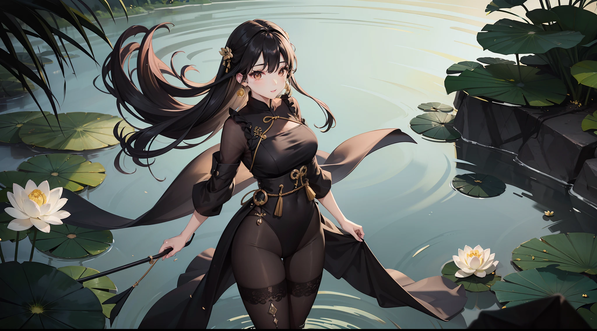 hoang lap,A high resolution,ultra - detailed,photo-realistic(1girll:1.3),handpainted,Simple lines,16-year-old girl wearing black Chinese clothing,beuaty girl,In the lotus pond,tmasterpiece,standing on water,floating clothes,black pantyhoses,black pantyhoses,ssmile,looking toward the viewer,Large round chest,Raised sexy,Raised sexy,Raised sexy