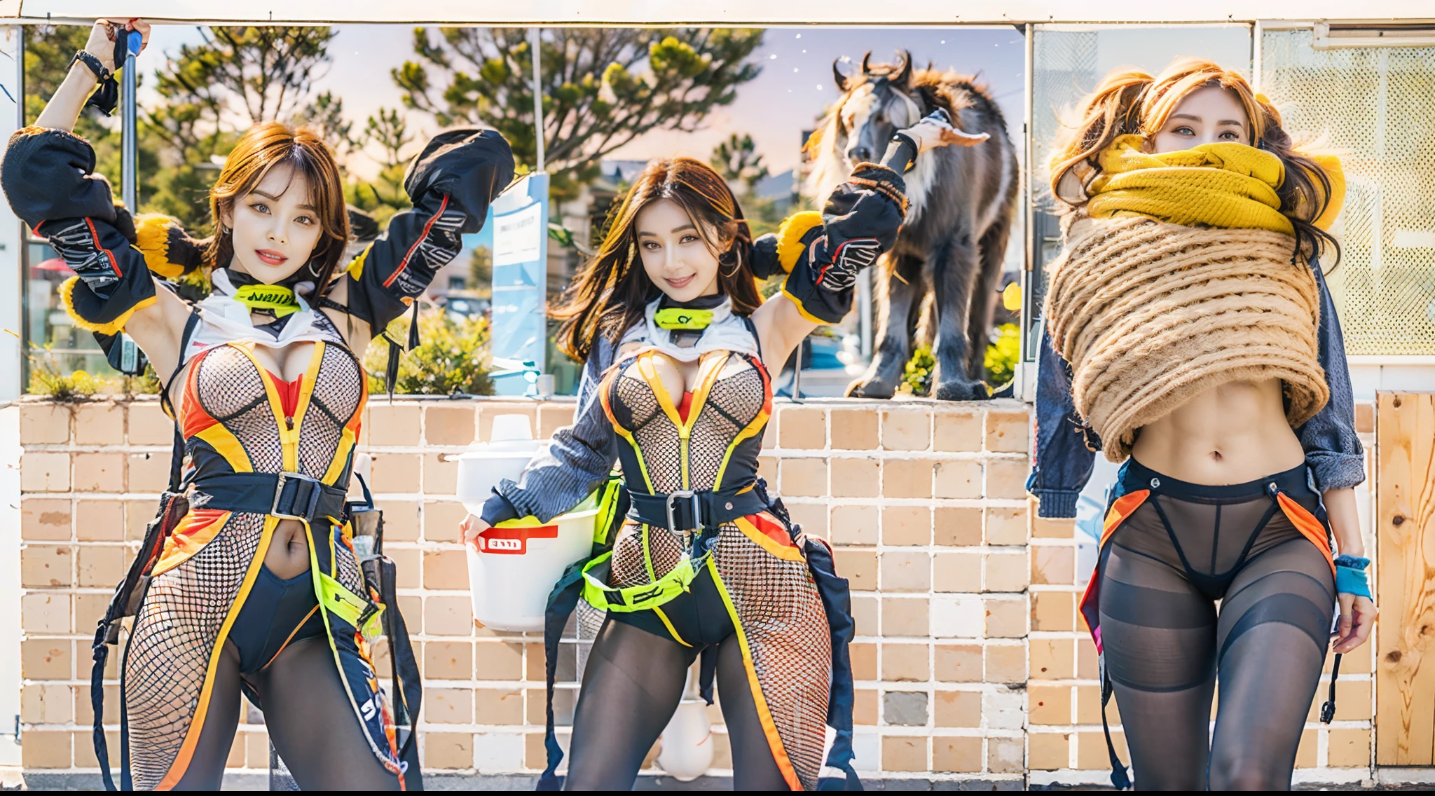 Ultra-grand scenes,The ultra-wide-angle lens captures the appearance of the adventurer girl on location。The ultra-delicate colorful Leica bodysuit allows the adventurer to always quickly change clothes for the elements of the scene,And the change in clothing does not affect the display of her physical characteristics。The adventurer's extremely tall body has a tight and extremely concave S-shaped curve,Her muscles are tight and her lines are slender, resulting in extremely exaggerated visual effects,The sternum of the adventurer mother narrowed and tightened,Abdominal coarctation and tightening,The waist narrows and tightens,The waist and abdomen are elongated and the chest and crotch are shortened to accentuate the slender line of the waist and abdomen,And make her K-cup teardrop-shaped super-large breasts tightened by the equipment straps。The adventurer's crotch is delicate and dexterous,But the buttocks are muscular,The silhouette is quite upturned,Her physiology will hold up the tights and tighten them。The adventurer's length is 67 percent taller than the bursting long legs%,The length is even taller than a normal person,And the hips and legs have round and beautiful lines。With tough and coquettish facial features, she is always as cheerful as the sun,Skyscraper Heels, a multifunctional off-road style with a strong sense of technology, was stepped on by her,Sometimes only her graceful figure can be seen,But her eyes shining like flame were always bright,She wears delicate and practical field gear on her hands, feet, wrists, neck and shoulders,The high-tech detection equipment flashes a variety of cue lights and neon-like information light screens,Let her always be surrounded by a charming colorful brilliance。Use Midjourney's advanced stroke tools and color palettes, as well as tools like texture packs and model packs, to create special bodysuits that inspire adventurers,While having good performance,Reflect the unique physiological characteristics of the adventur