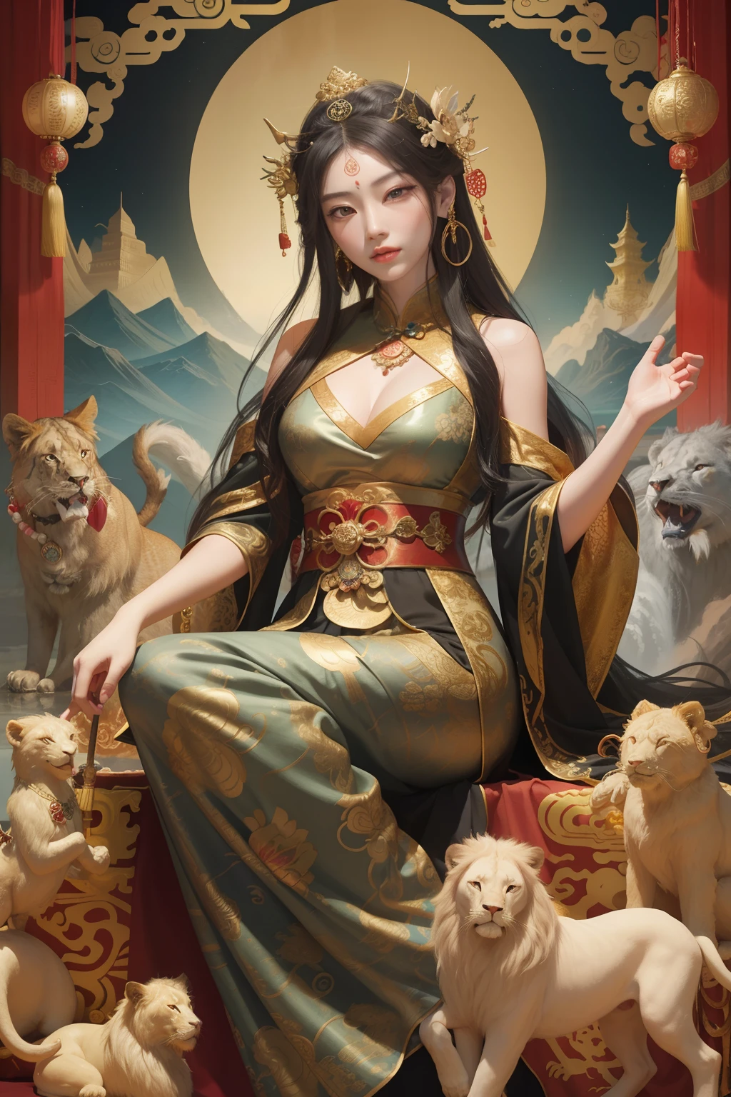 an ancient Chinese goddess, guanyin of the southern seas, Guanyin, Inspired by China, Avalokiteshvara rides a lion，,Serene expression,shui mo hua,Buddha,Buddhist,Lotus,Chinese painting style,Thangka style