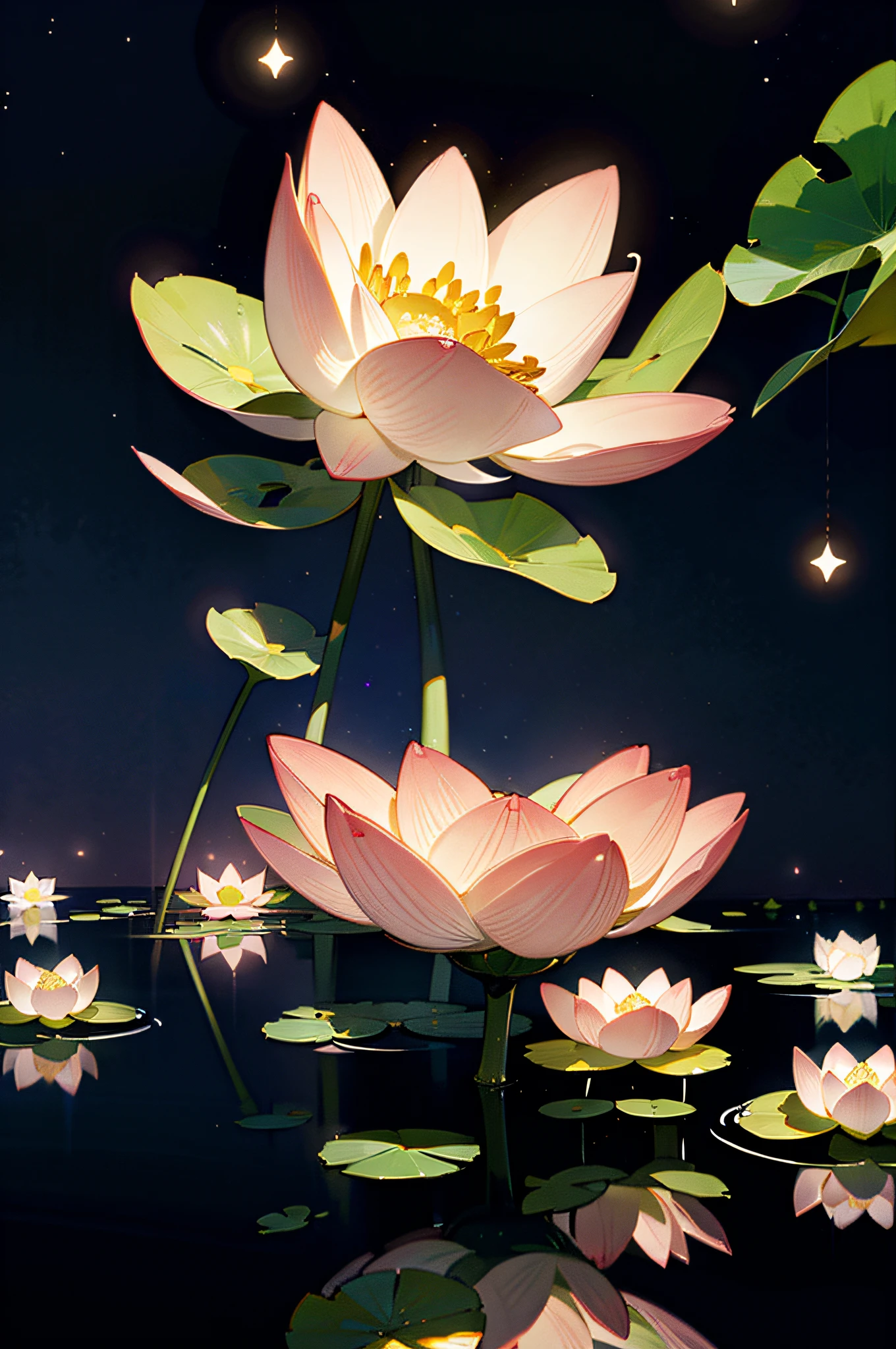 best quality, masterpiece, (realistic:1.2), lotus flower, hundred petals, glowing, in the night sky, full of stars, very detail, ultra-high resolution, ultra-high quality,