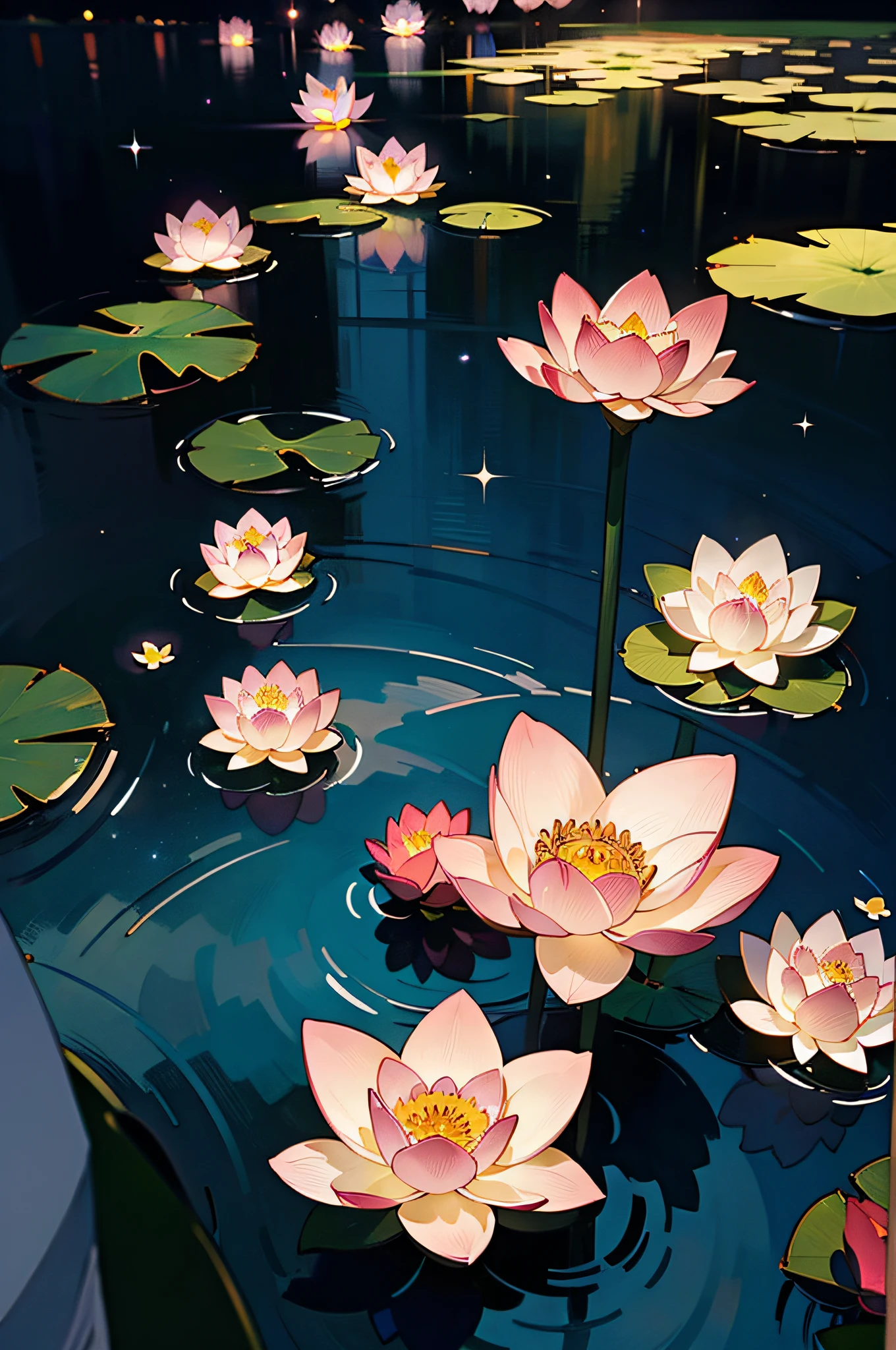 best quality, masterpiece, (realistic:1.2), lotus flower, hundred petals, glowing, in the night sky, full of stars, very detail, ultra-high resolution, ultra-high quality,