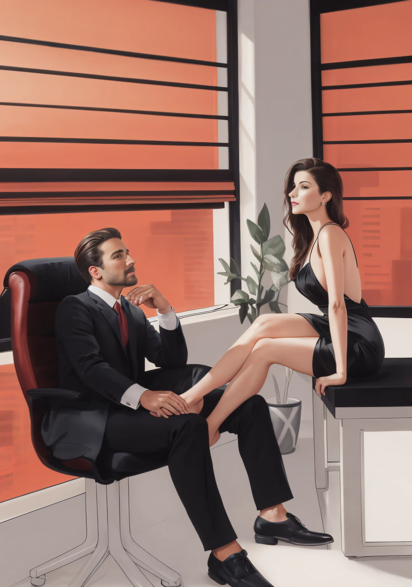 Drawing of a man and a woman, sitting at a table, The man is dressed in a shirt and black pants, black shoes, The brunette is dressed in a long red silk sheet, barefoot and sitting on the table, Background: Modern office, Large window with blinds, Outside the window is a city with skyscrapers, graphically, neon signage, The office of the future, Nanotechnology, Hyper-realistic, Detailed, romance novel cover