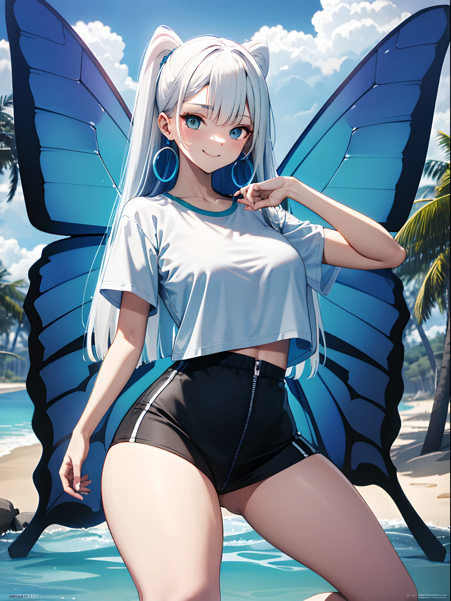 wings 1cat girl, very long white hair, blue accents, blue eyes, wearing shiny black one piece swimsuit, aqua cropped t-shirt, black skirt, beach, absurdres, high res, ultrasharp, 8k, masterpiece, looking at viewer, seductive, seductive pose, sexy, captivating, large breasts, cute yet seductive smile, attractive, sexy shape, sexy curves, large dangle earrings, determined look, butterfly wings, tall, small thighs