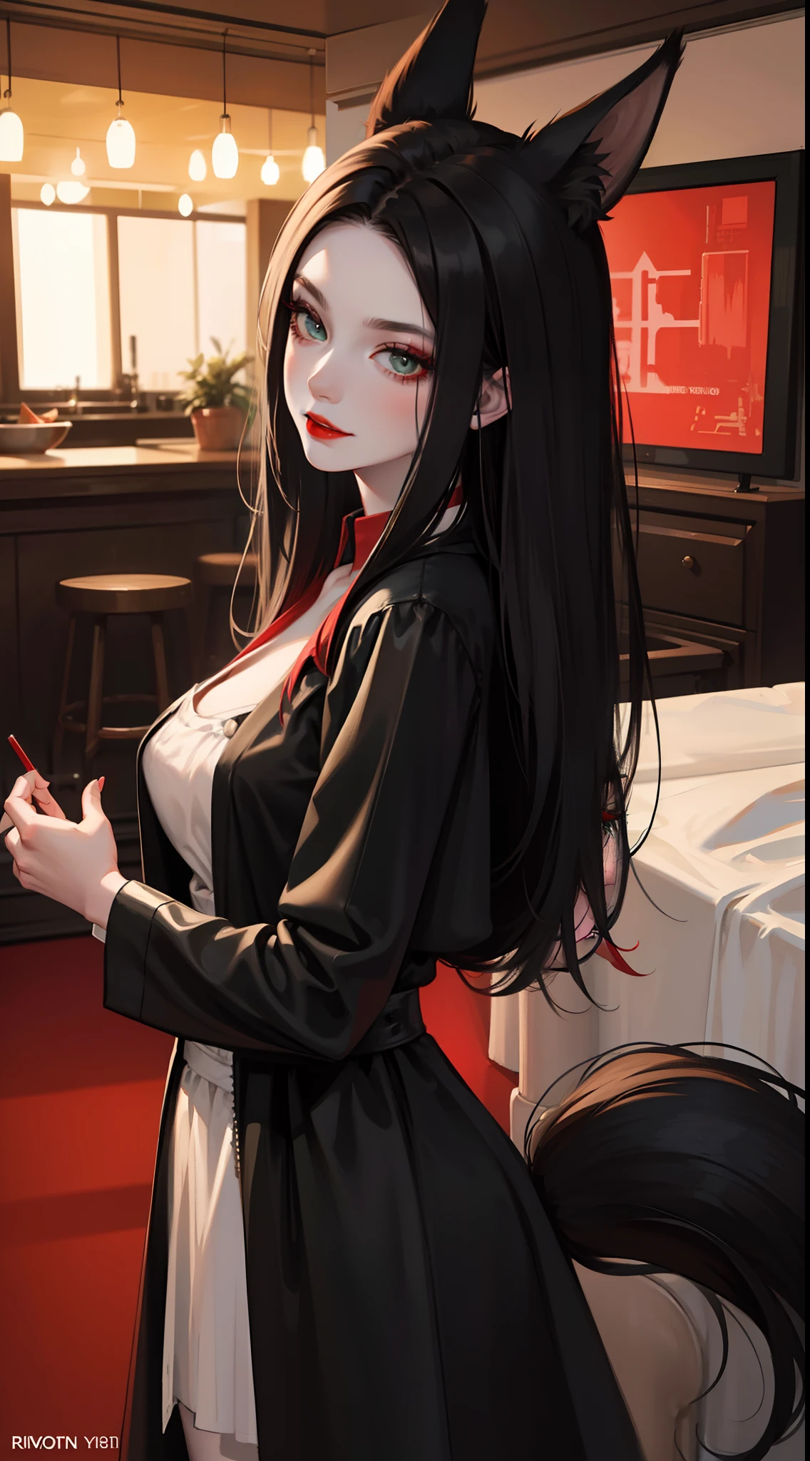Adult woman, pale skin, Long black hair, Fox ears, Green eyes, red eyeshadow, red lipstick, Black Magic Dress, open breasts, smirk, Masterpiece, hiquality