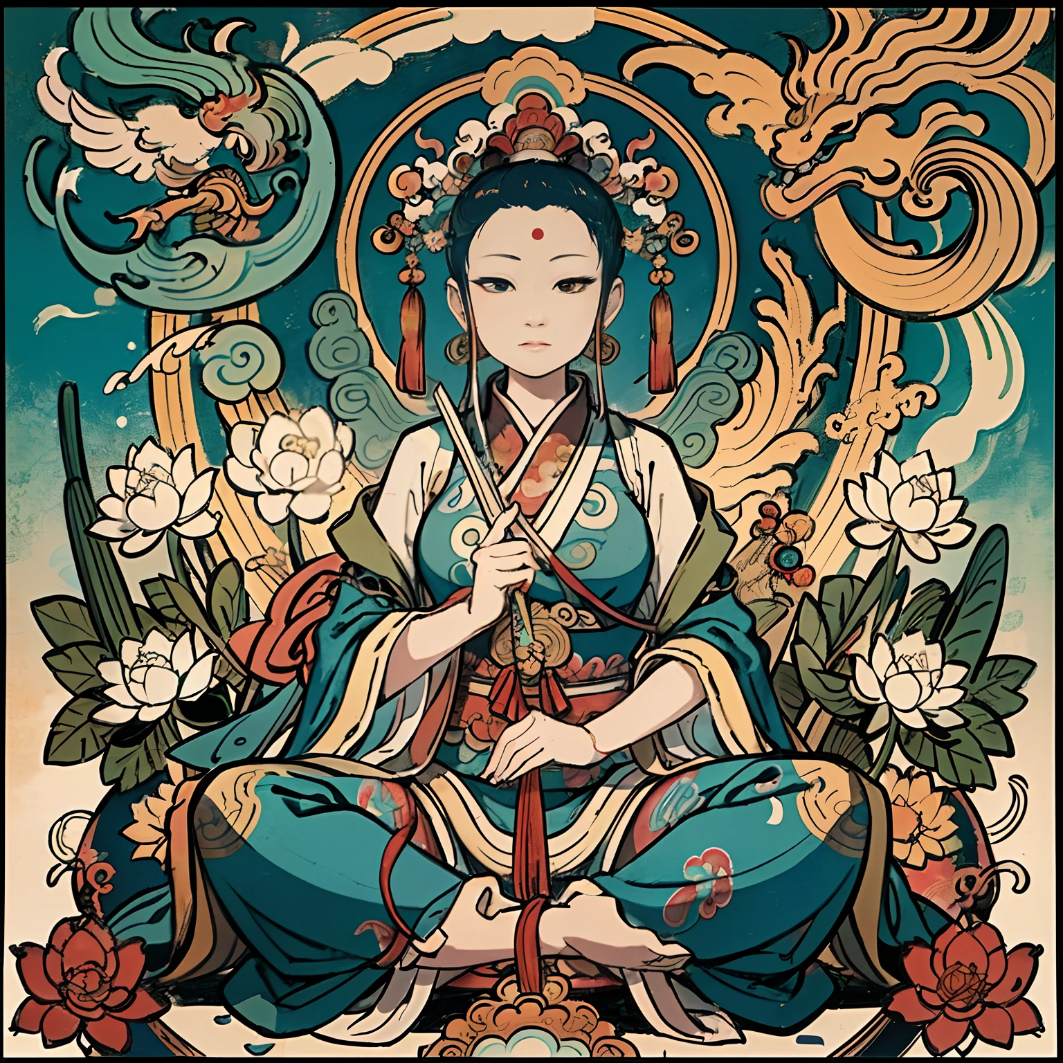 an ancient Chinese goddess, guanyin of the southern seas, Guanyin, Inspired by India, Avalokiteshvara Bodhisattva Phoenix，,Serene expression,shui mo hua,Buddha,Buddhist,Lotus,Chinese painting style,Thangka style
