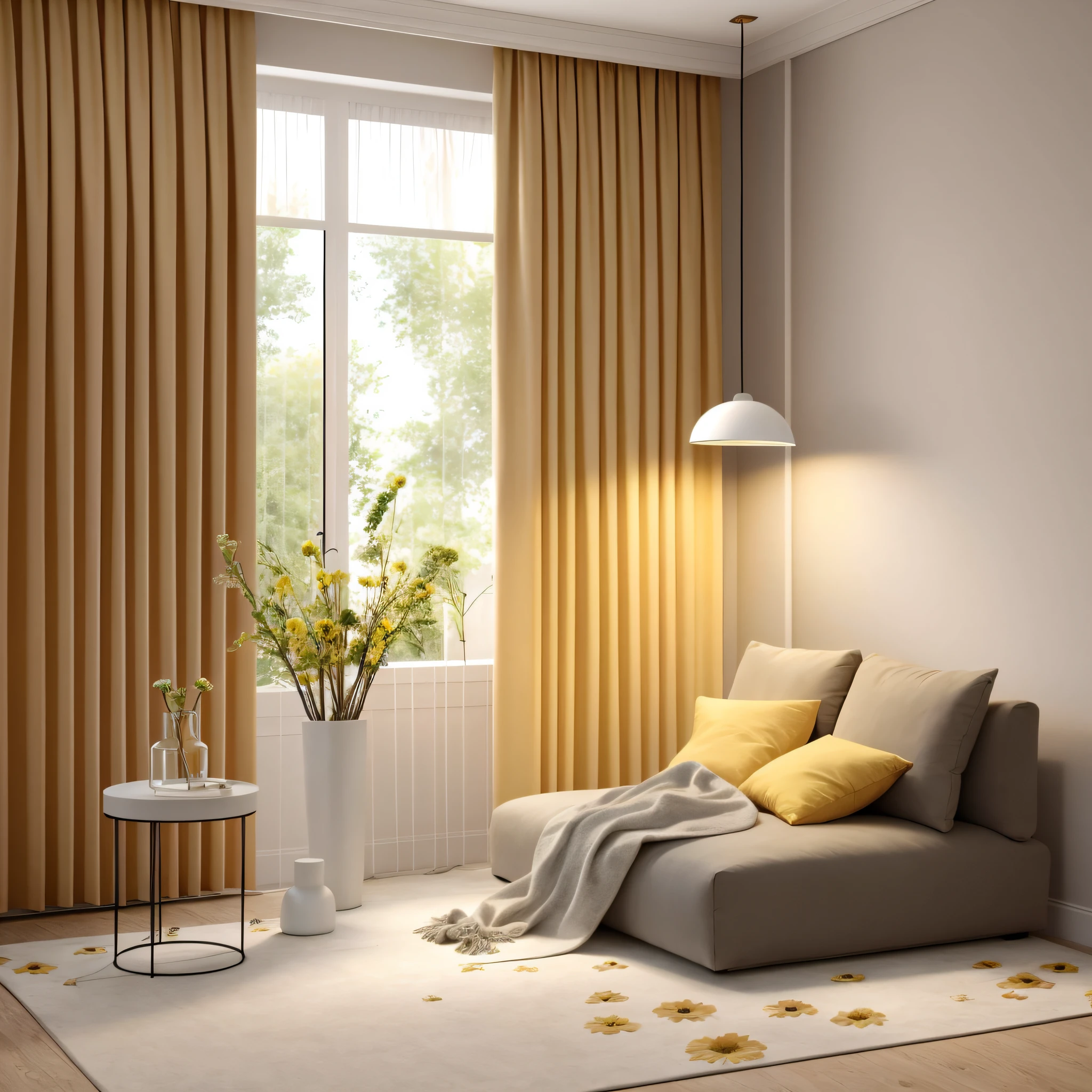 arafed room with a couch, lamp lights, There is also a vase with flowers, cream - colored room, warm interior, natural light in room, hermosas cortinas, natural window lighting, beige color scheme, A bright room, background made of big curtains, yellow carpeted, Curtains, draped drapes, warm lighting interior, warm cosy colors, Warm ambient light