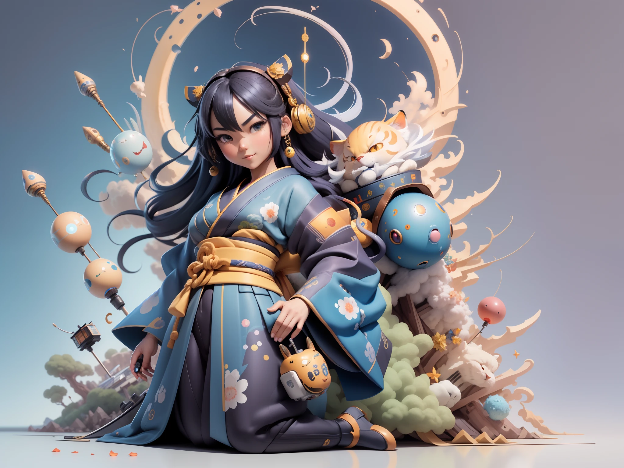 (Masterpiece), (Excellent), (Super Meticulous), (Full Body: 1.2), Super Young woman, sexzy sitting Oriental Face, Japanese Kimono, small breast,Japanese Wind Thunder God, Dragon, Tiger, TV Anchor, Bust Portrait Illustration, Alone, Black Suit, Blue Tie, Slightly Chubby Face, Very Clean Face,, Black Super long Hair, blue Eyes, Confident Smile, 3c Computer Sub-Products, iPad, iPhone, Digital Painting, 3D Character Design by Akira Toriyama and Mark Claireden and Pixar and Hayao Miyazaki, The illustration is a high-definition illustration in 4K resolution with very detailed facial features and cartoon-style visuals.