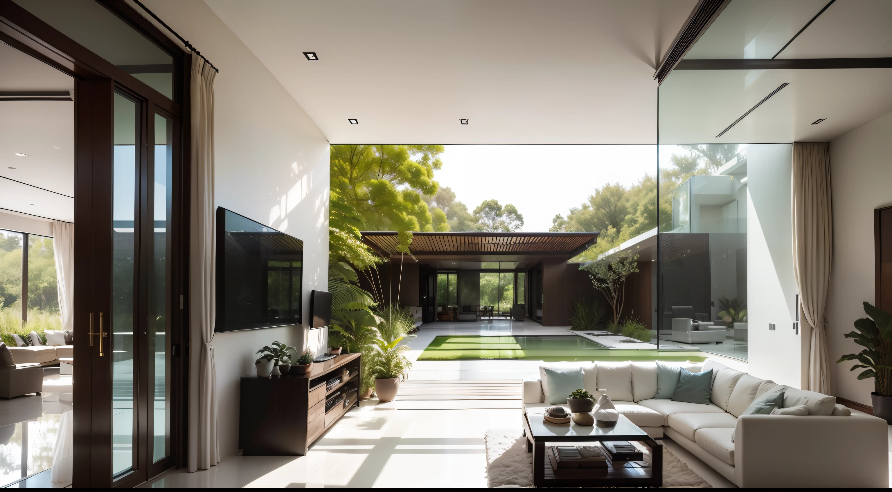 Portrays a contemporary white interior seamlessly merging with a lush backyard oasis. Highlight the expansive glass windows that invite the beauty of nature indoors, forming a harmonious connection between the interior and the outdoor landscape.